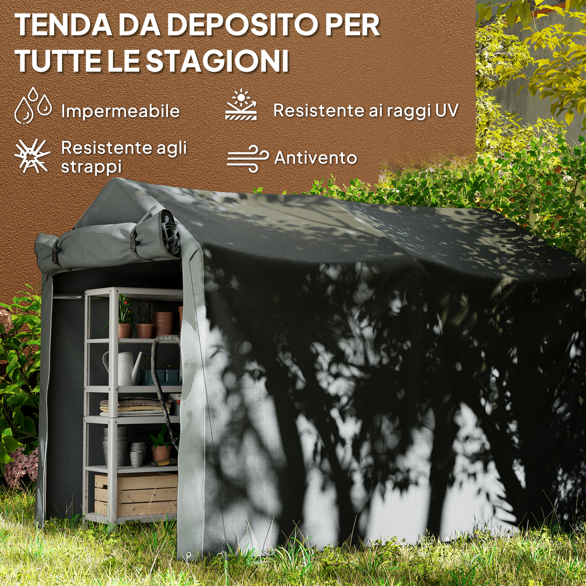 Tenda da deposito grigia con scaffali, piante e cassa di legno.