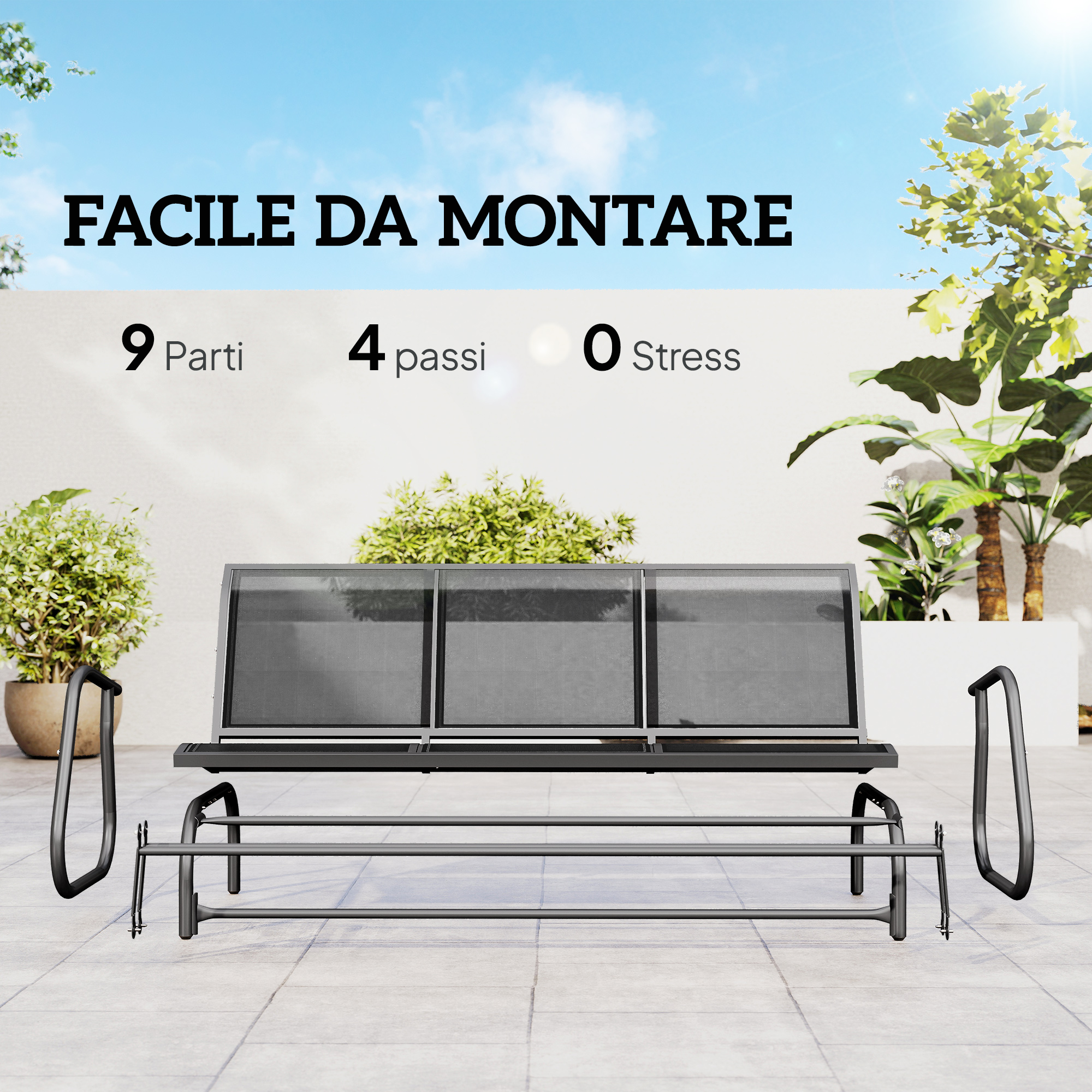 Un sistema di panchina da parco grigia con gambe, seduta e schienale davanti ad alberi.