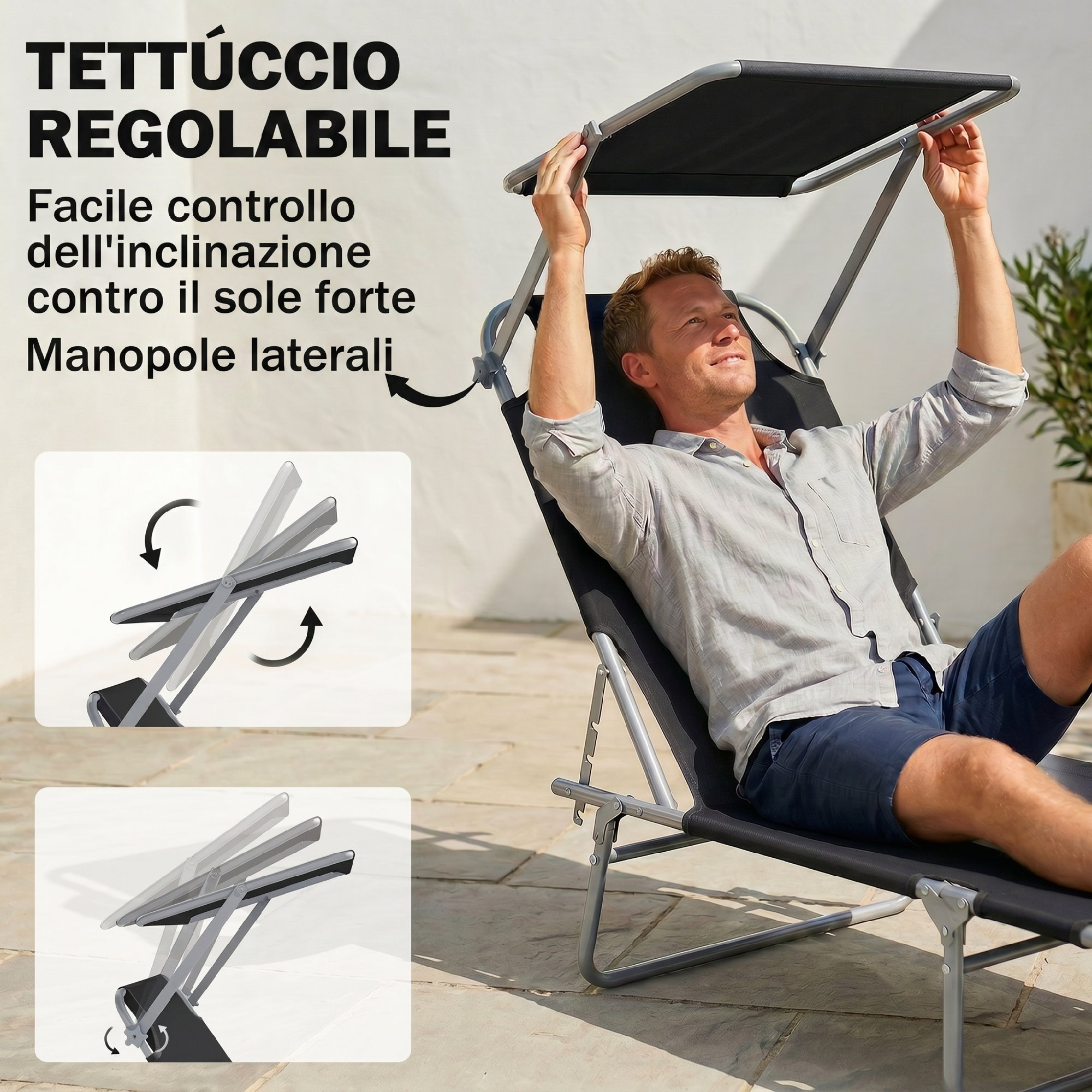 Uomo su lettino prendisole con tettuccio regolabile. Ingrandimenti mostrano il meccanismo.