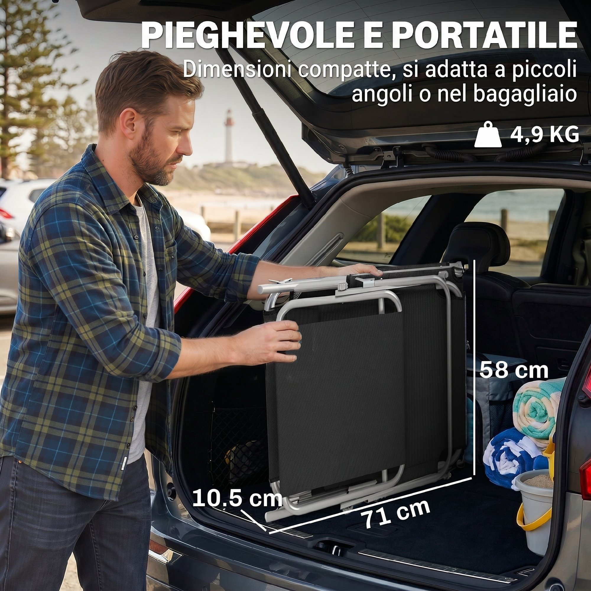 Uomo carica sedia pieghevole in auto. Dimensioni: 10,5x71x58cm.