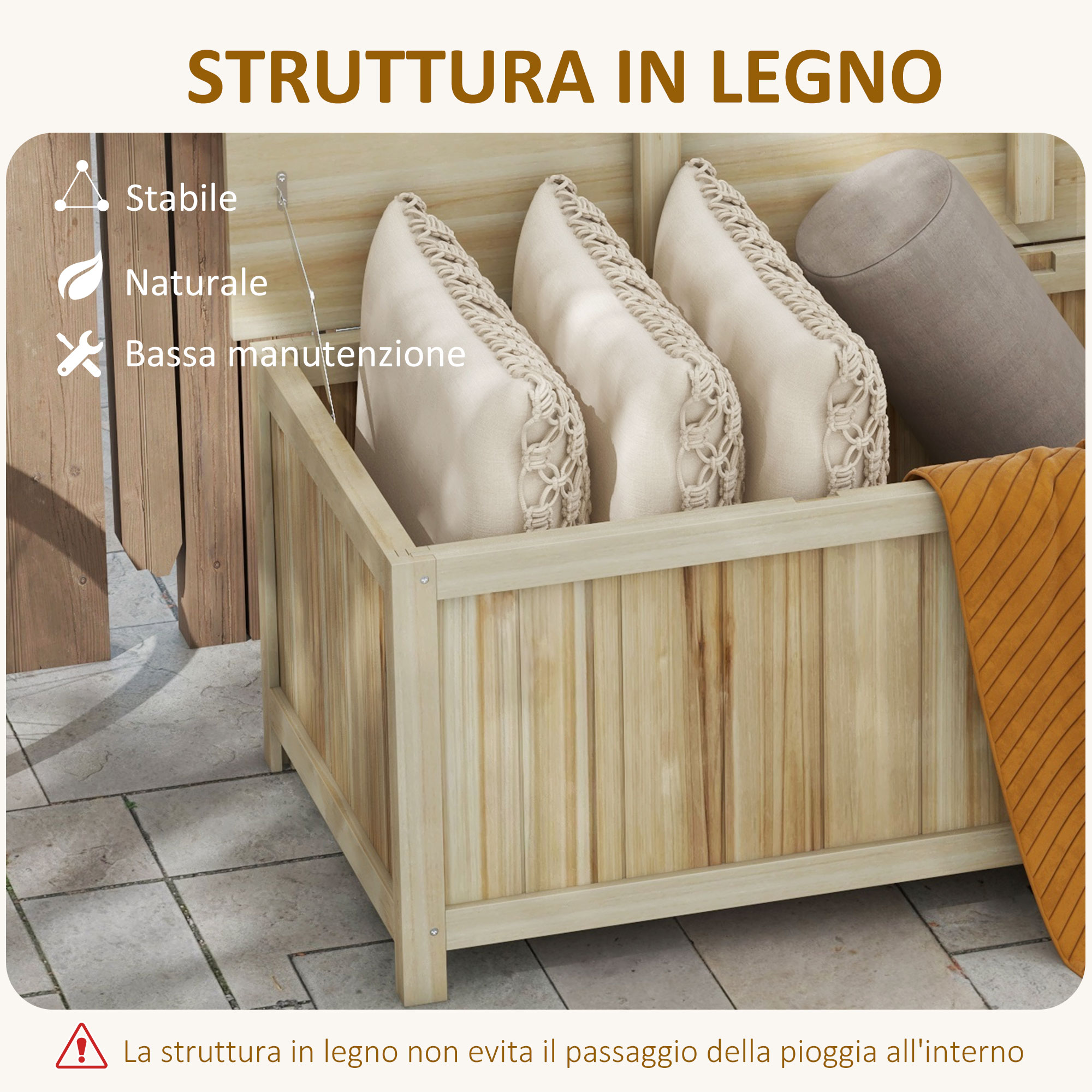 Struttura in legno con cuscini e coperta su terreno pavimentato.
