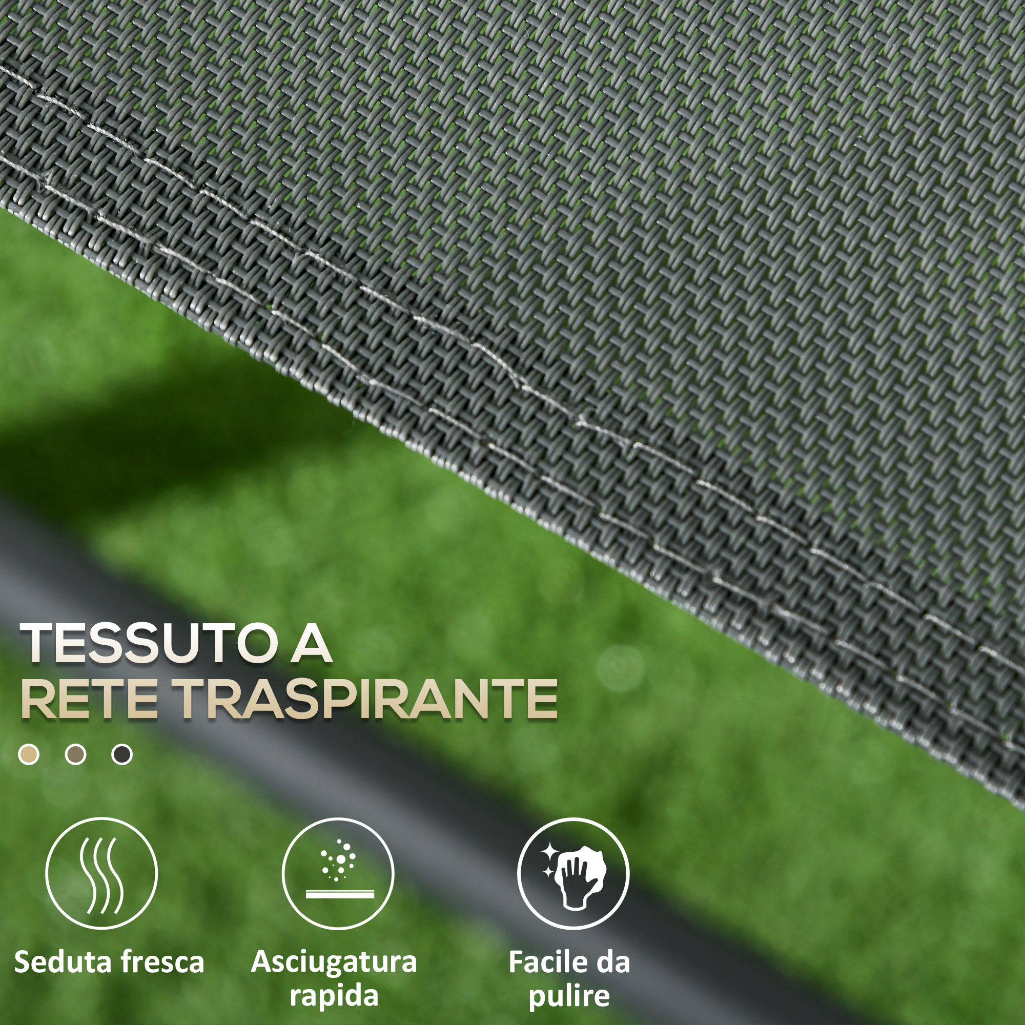 Tessuto a rete grigio con cuciture su prato verde. Icone per freschezza, asciugatura, pulizia.