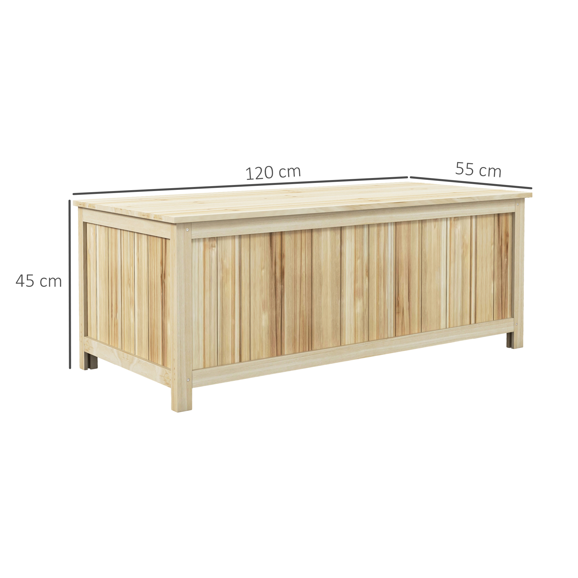 Un baule in legno di 120x55x45cm su sfondo bianco.