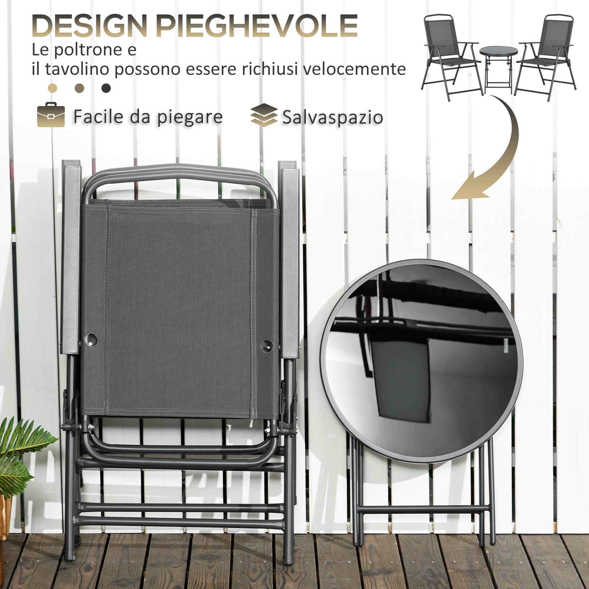 Una sedia pieghevole grigia e un tavolo rotondo su una terrazza in legno.