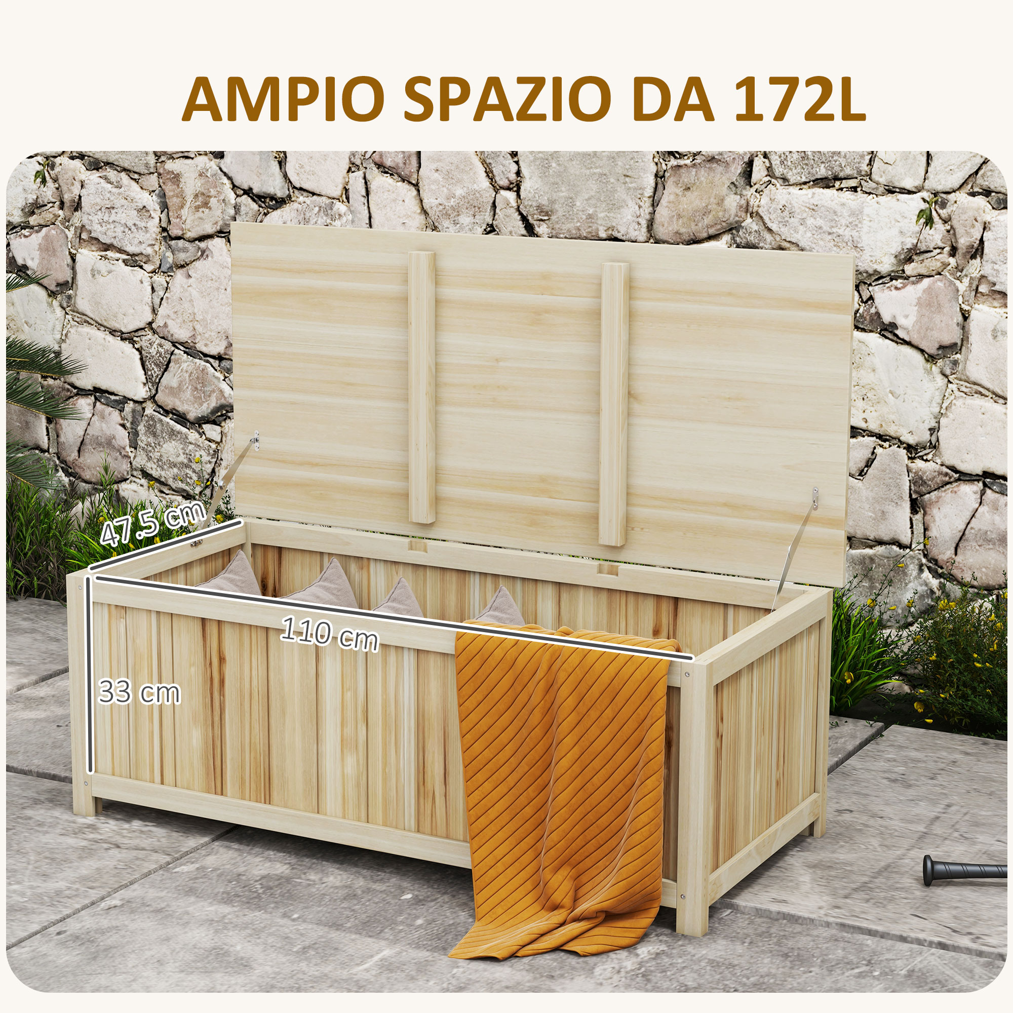 Panca contenitore in legno con coperchio aperto, cuscini e coperta.