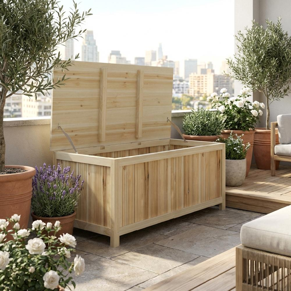 Un baule di legno su un balcone con piante e skyline cittadino.