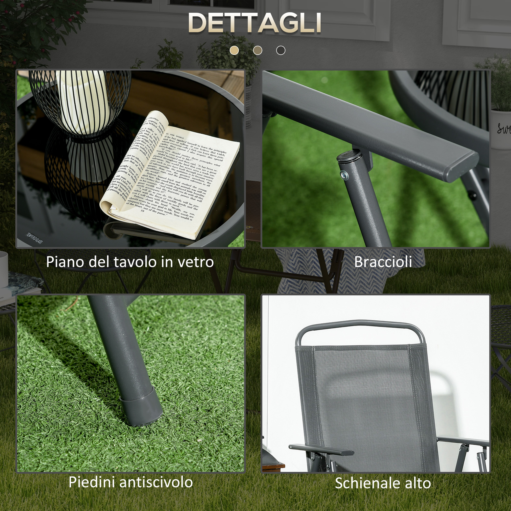 Diverse inquadrature ravvicinate di una sedia da giardino grigia e un tavolo in vetro.