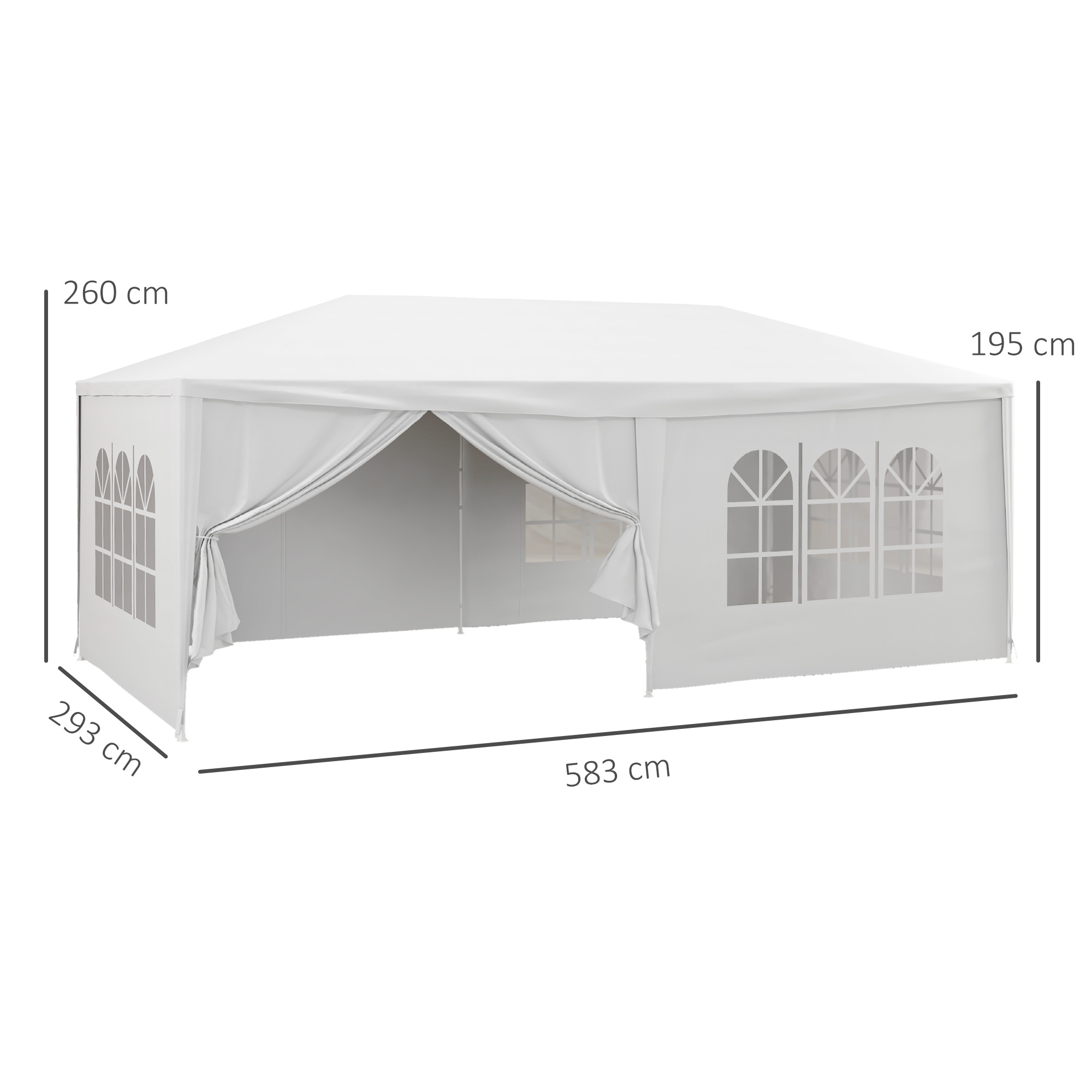 Una tenda bianca da party con finestre, dimensioni 583x293x260cm.