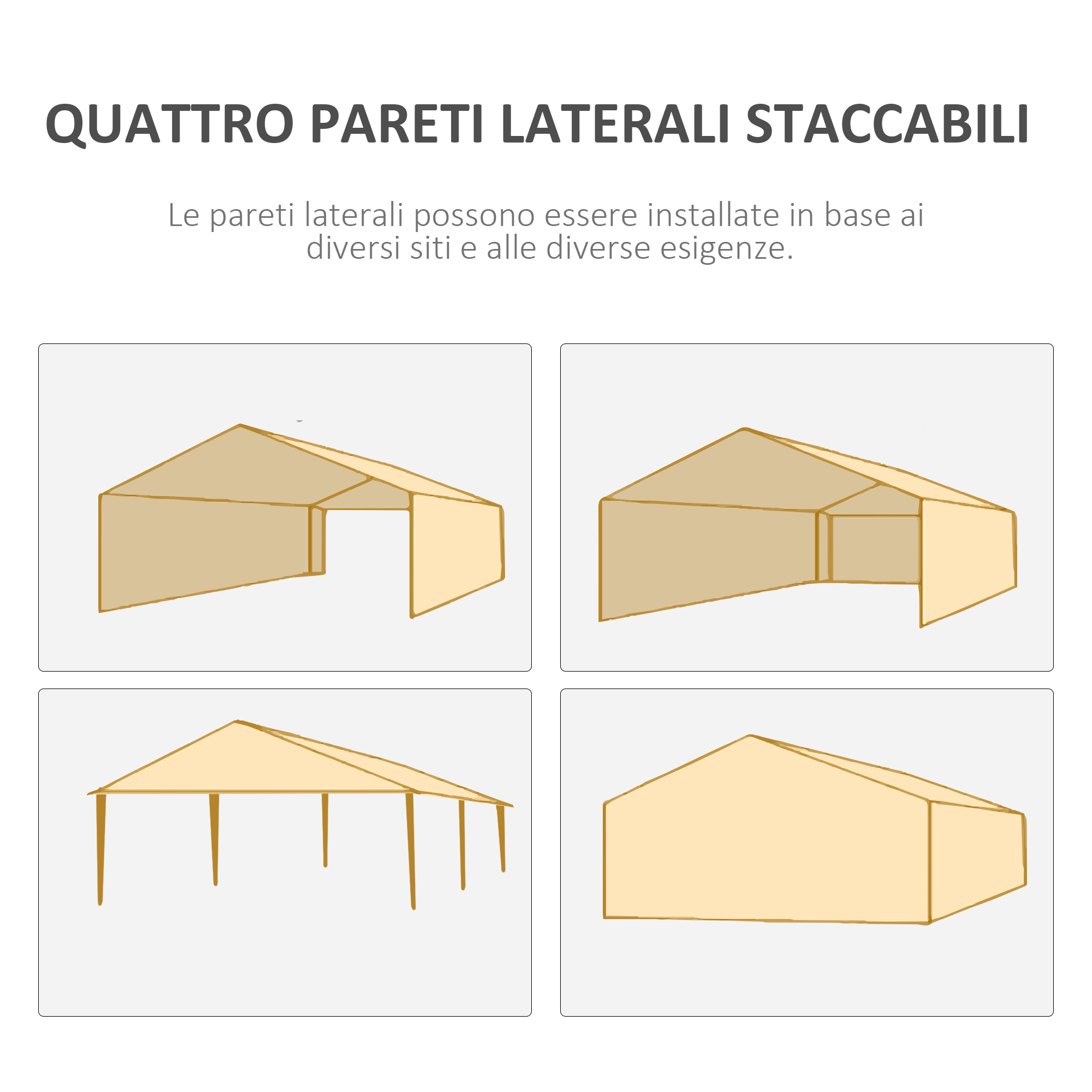 Diagrammi di tende con pareti laterali rimovibili in varie configurazioni.