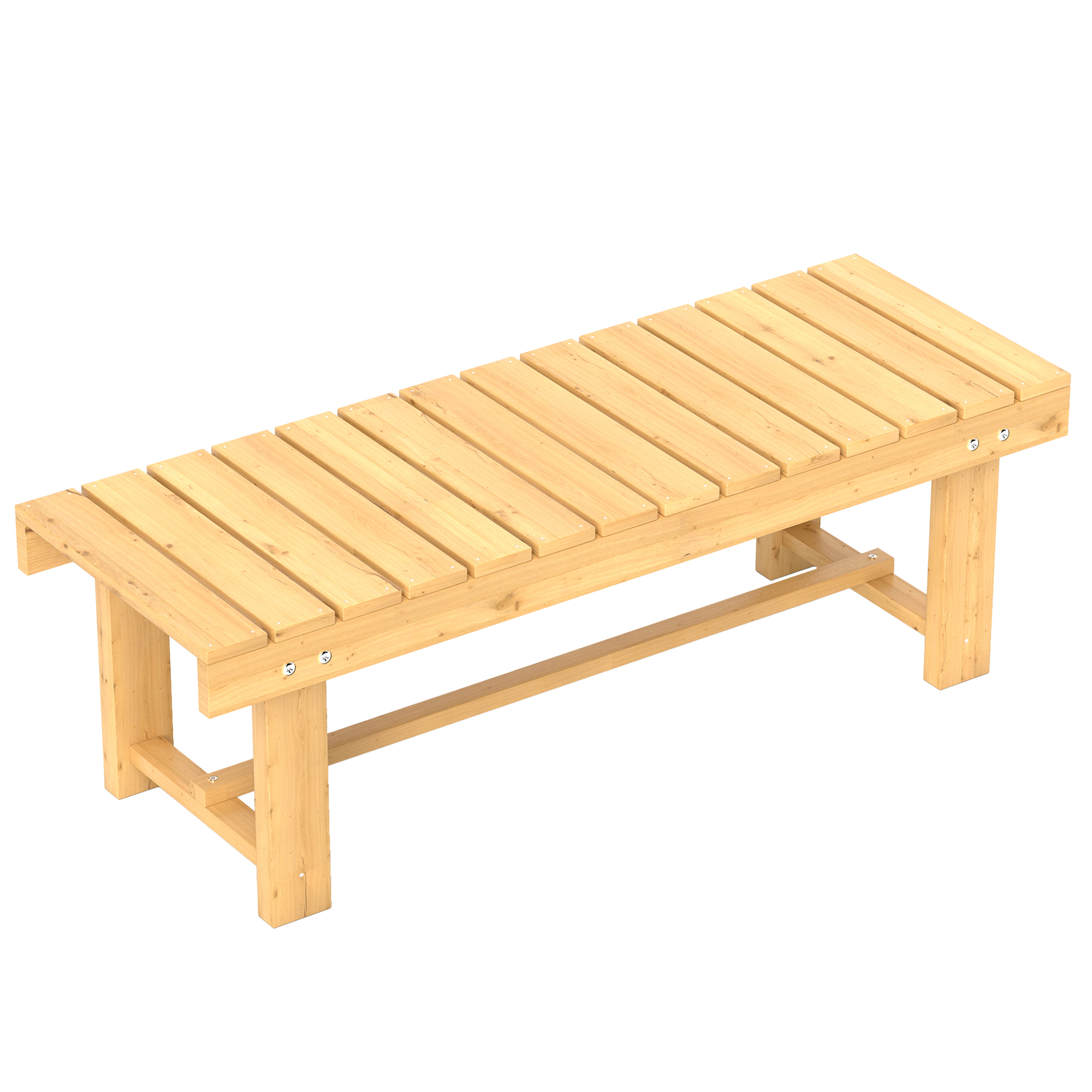 Una panca da giardino in legno con seduta a doghe e gambe su sfondo bianco.