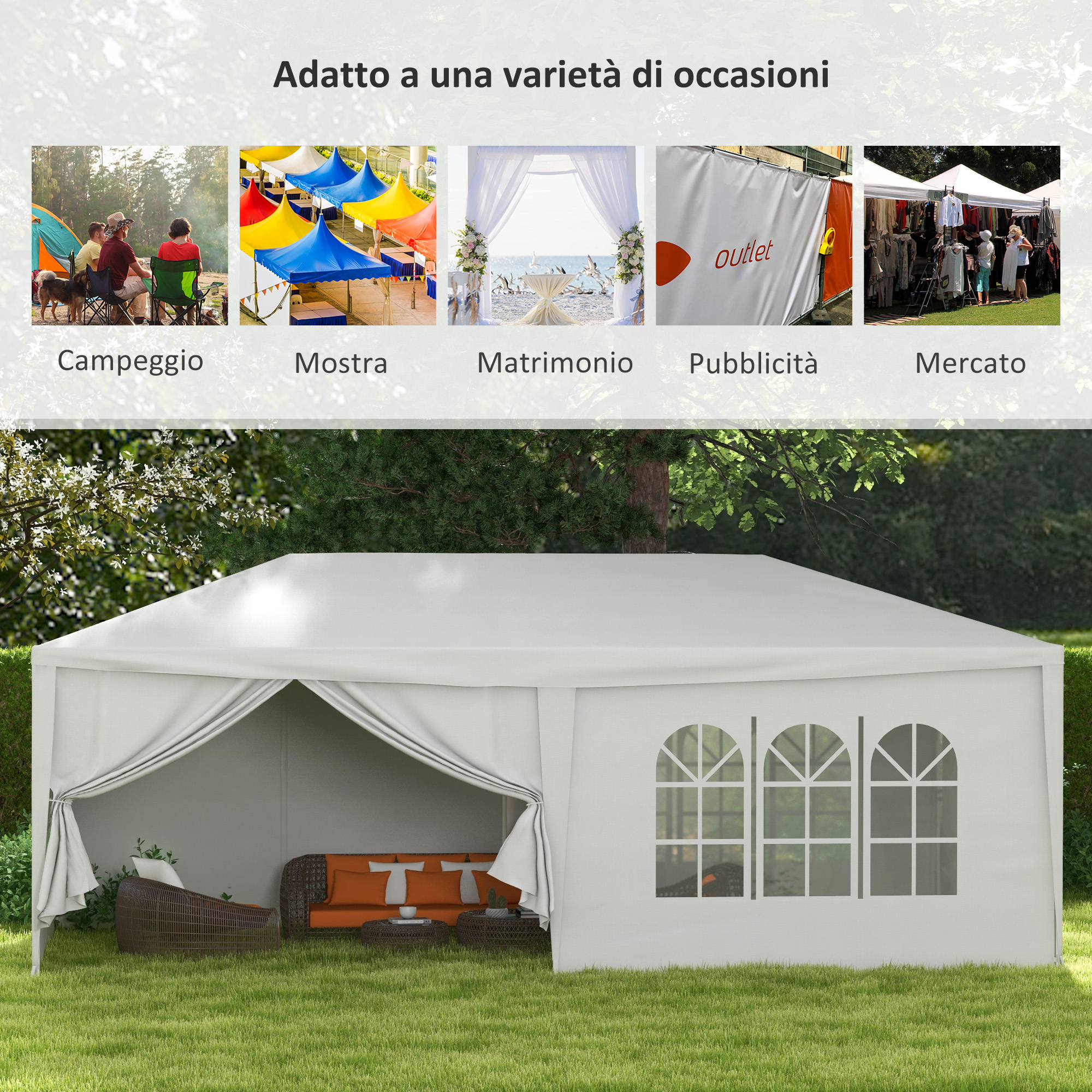 Una tenda bianca con finestre e sedute su un prato.