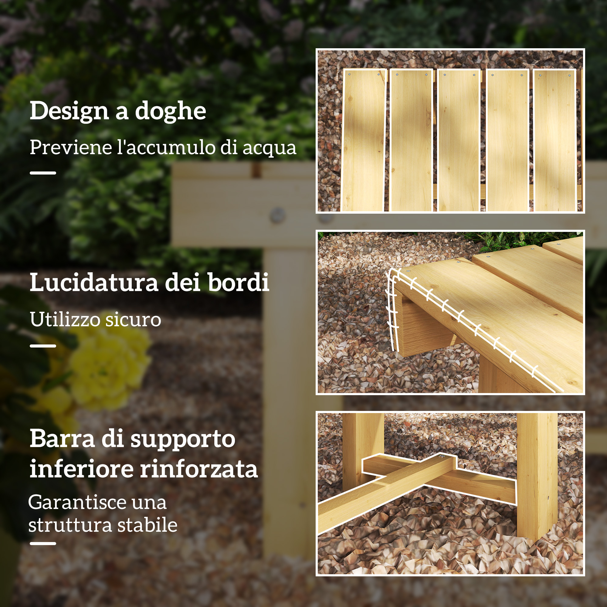 Panca in legno con design a doghe, bordi lucidi e barra rinforzata.