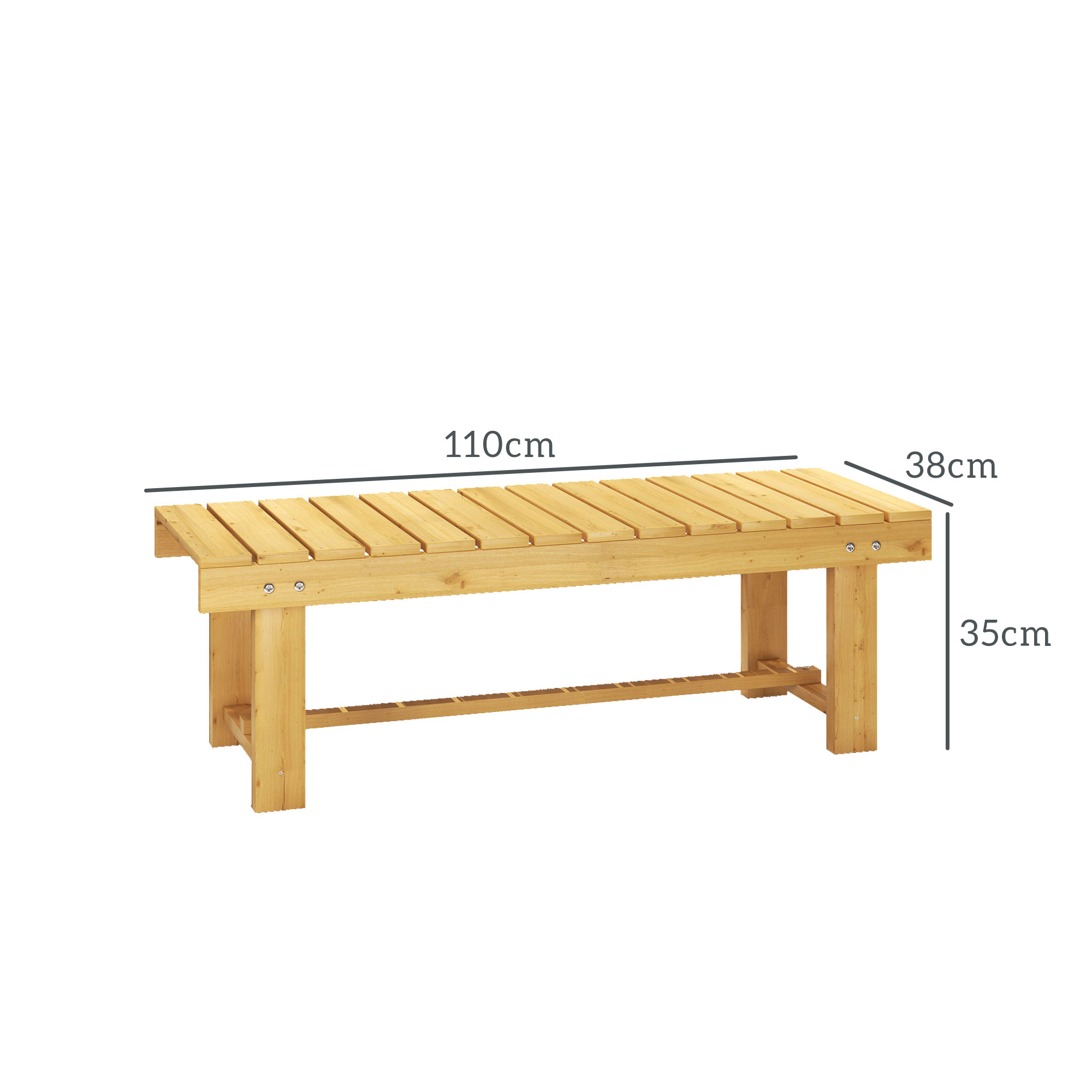 Una panchina da giardino in legno di 110x38x35cm su sfondo bianco.