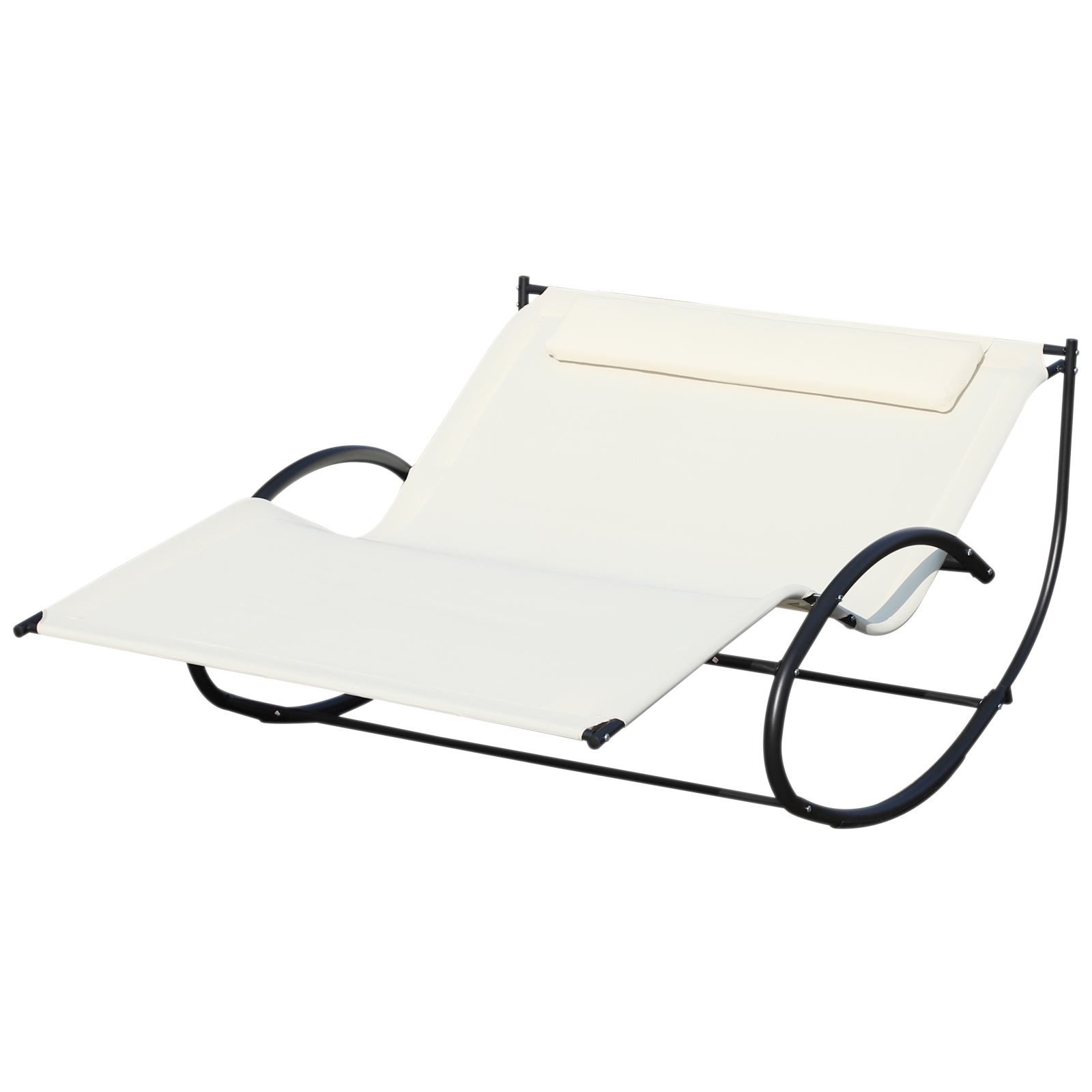 Una poltrona doppia beige con telaio in metallo nero e cuscino.