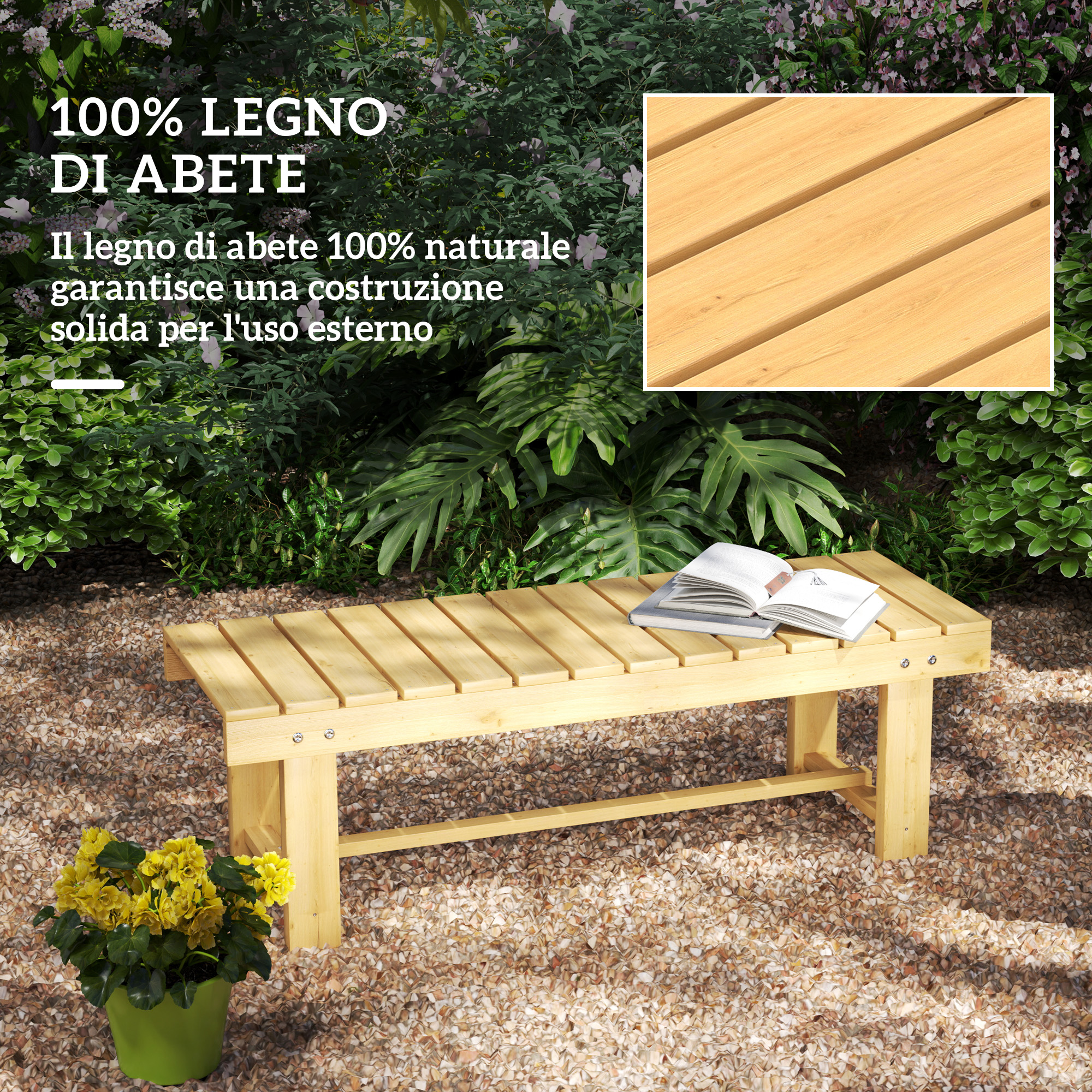 Panca in legno all'aperto con libri e fiori. Dettaglio di doghe in legno.