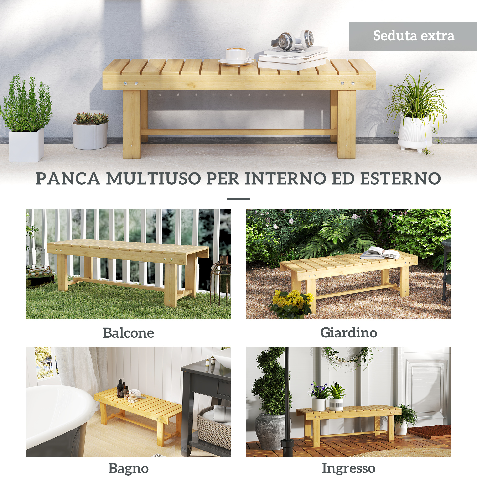Una panca in legno su balcone, giardino, bagno e ingresso.