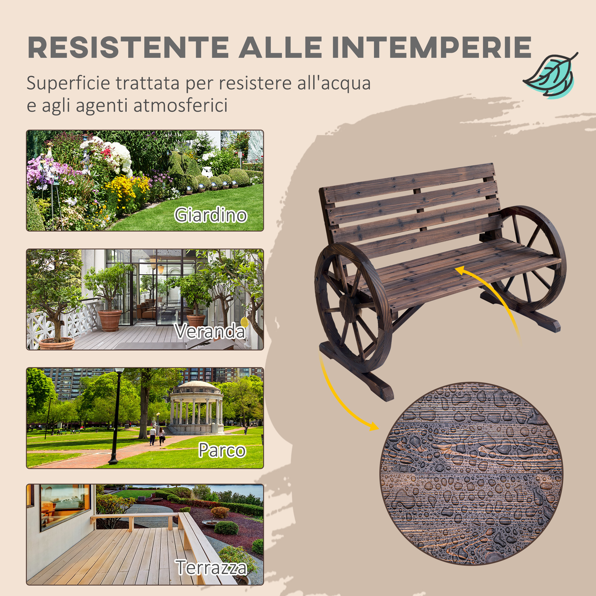 Panchina in legno con dettagli a ruota, mostra ambientazioni giardino, veranda, parco, terrazzo.