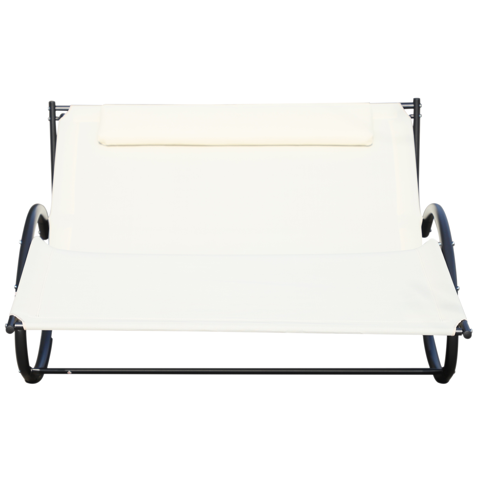 Un lettino bianco con telaio in metallo nero e un cuscino.