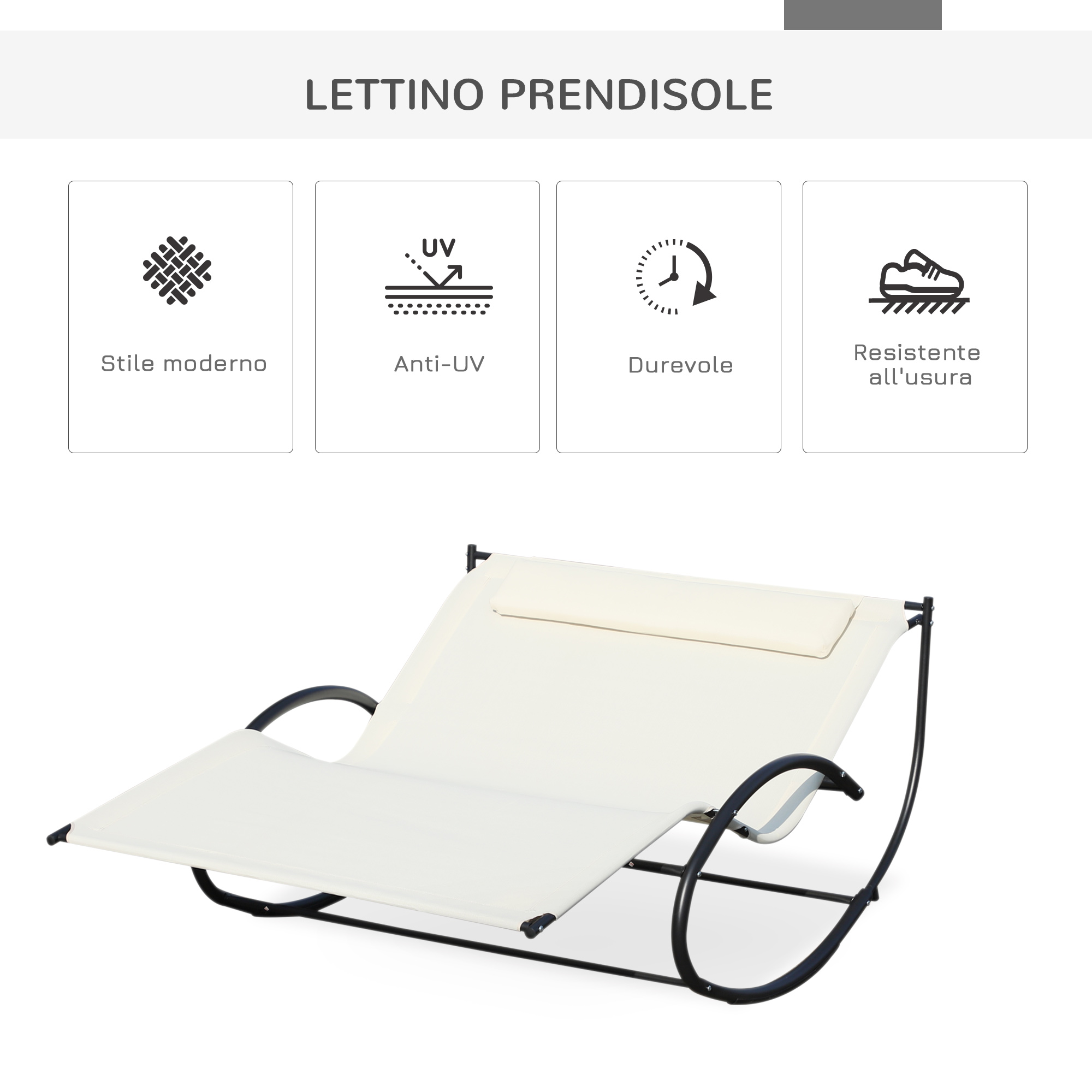 Una sedia amaca beige con telaio in metallo nero su sfondo bianco.