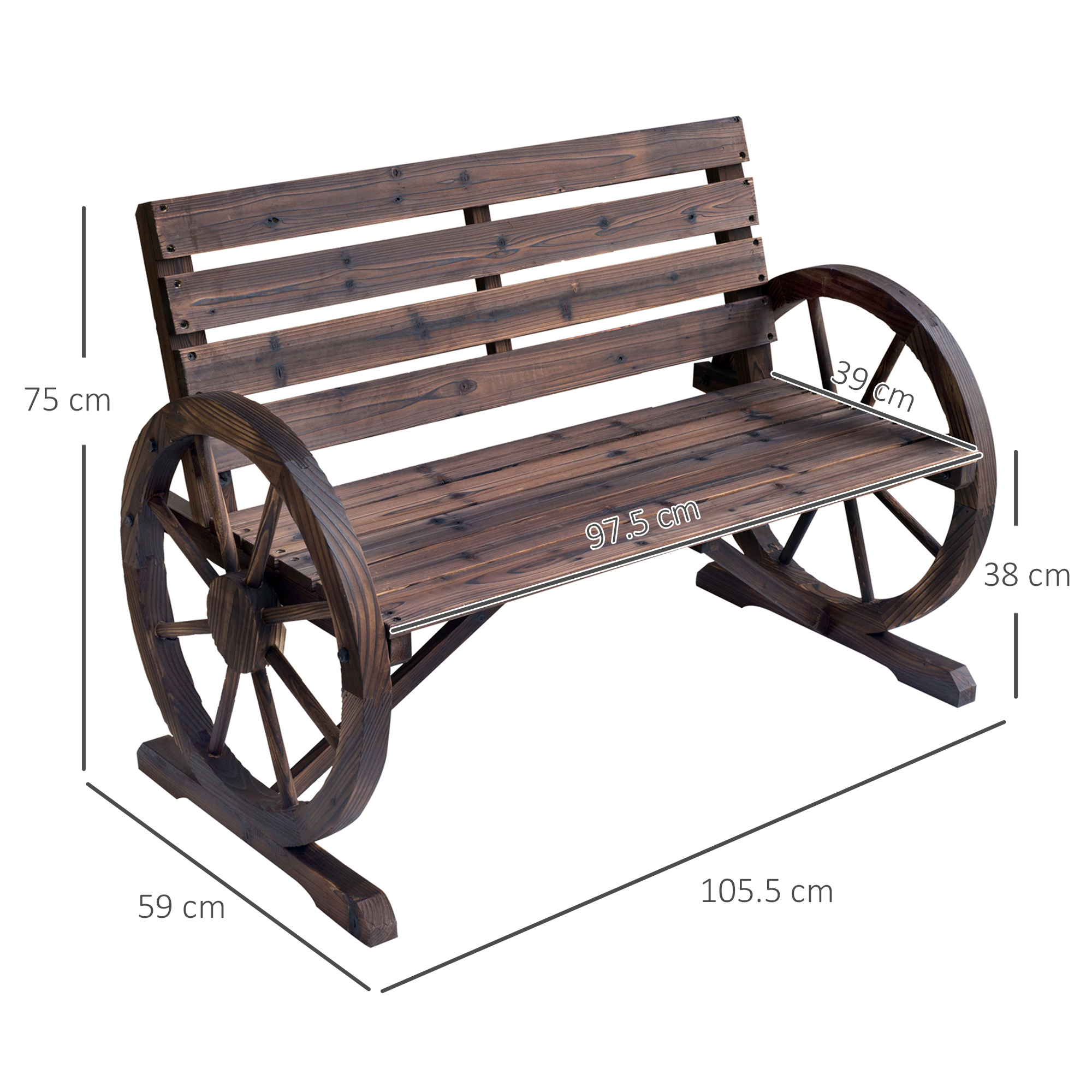 Panca in legno con ruote di carro come braccioli. Dimensioni: 105,5x59x75 cm.