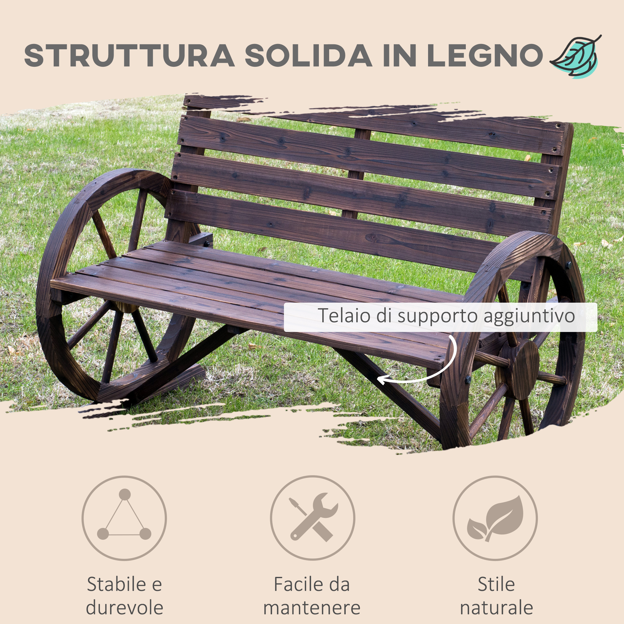 Panca in legno marrone con fianchi in stile ruota di carro, su erba.