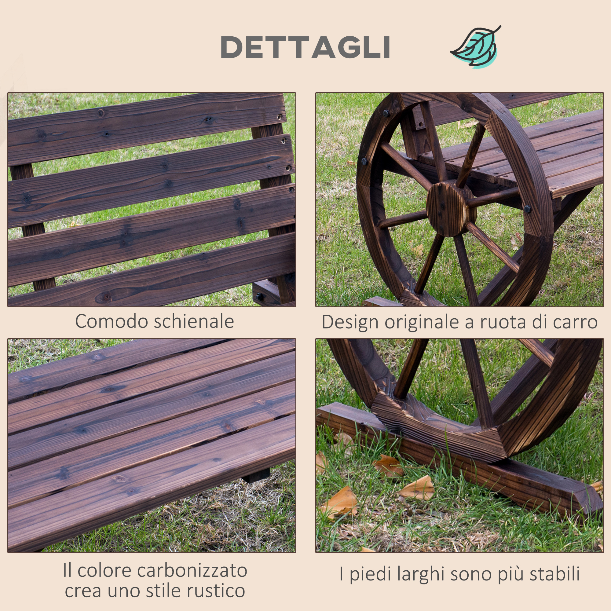 Viste dettagliate di una panchina in legno marrone scuro con design a ruota di carro.