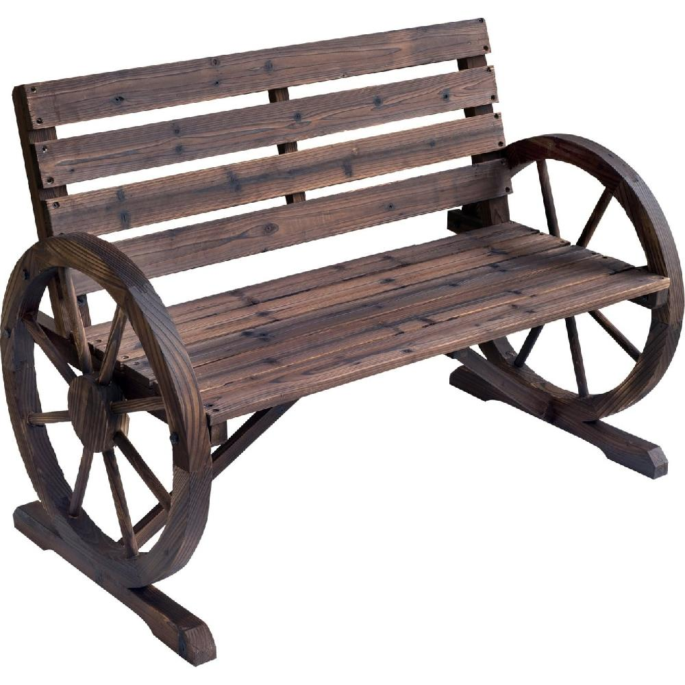 Panca in legno con ruote di carro come lati. Legno scuro, design rustico.