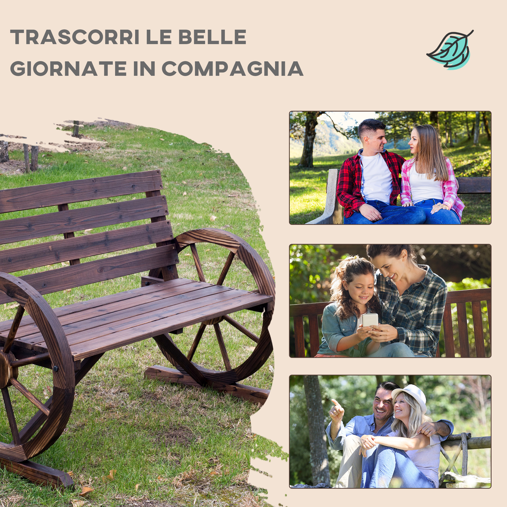 Panchina in legno con dettagli di ruota. Collage mostra coppie su panchine.