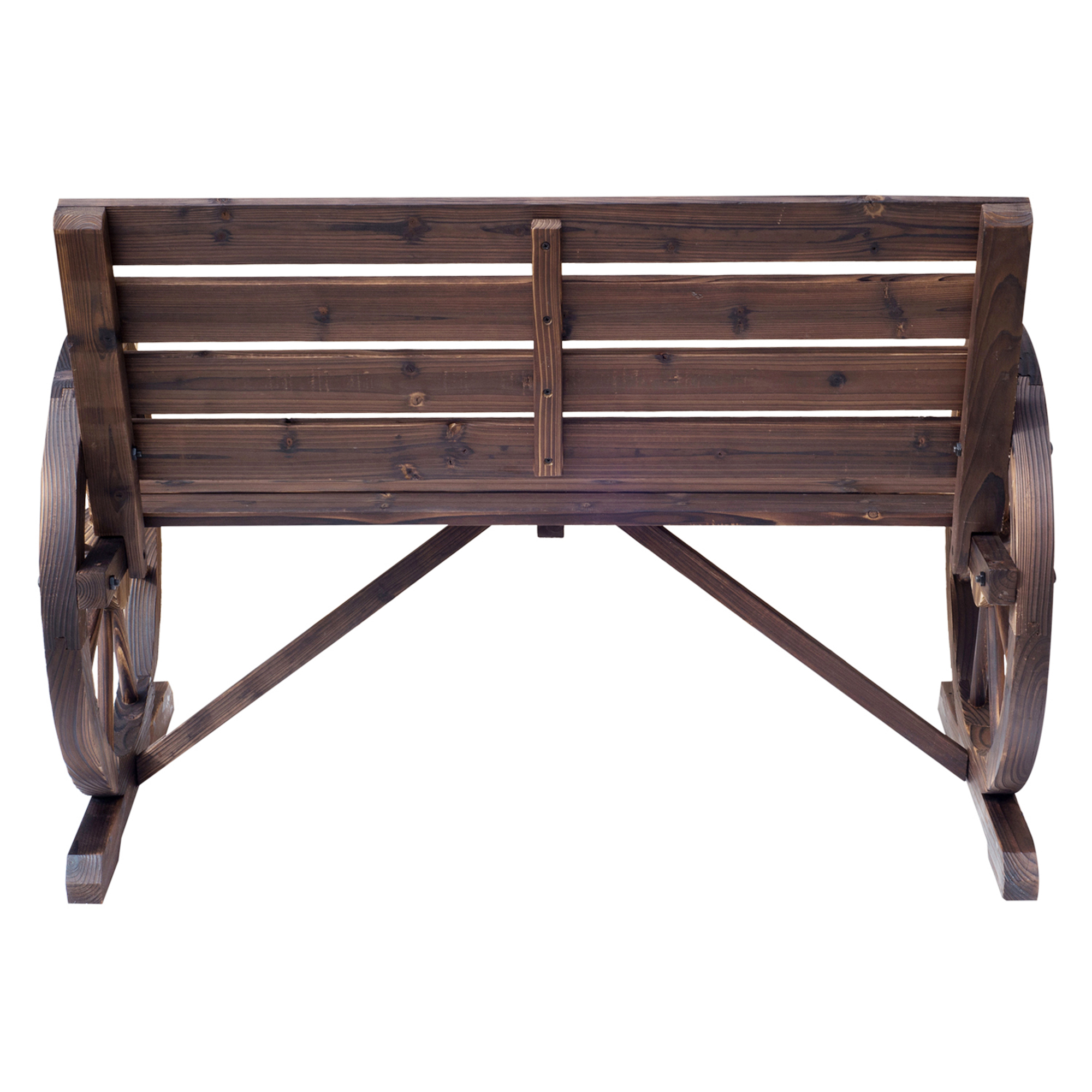 Panca in legno marrone scuro con ruote di carro sui lati.