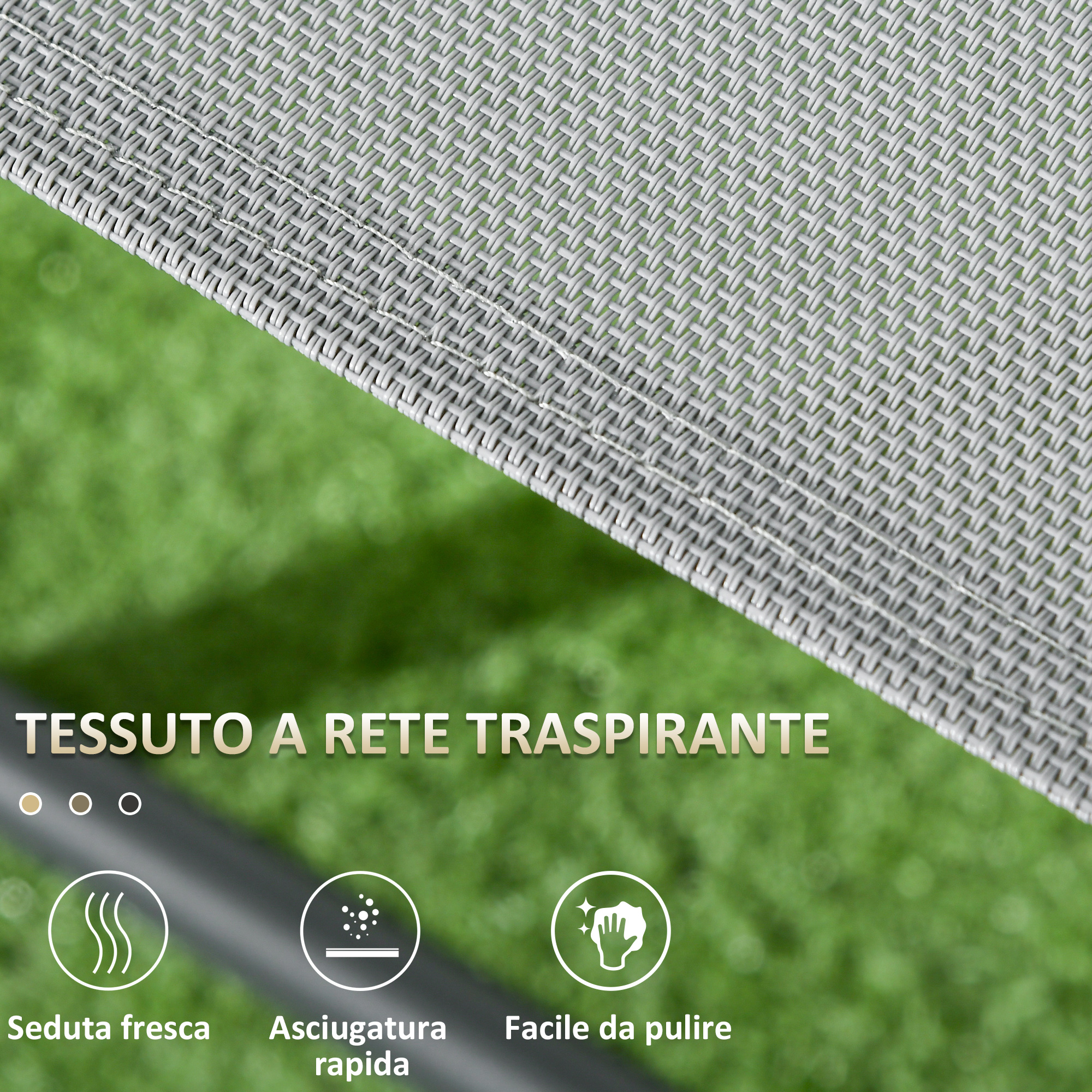 Tessuto a rete grigio su erba verde con testo e icone per freschezza, asciugatura e pulizia.