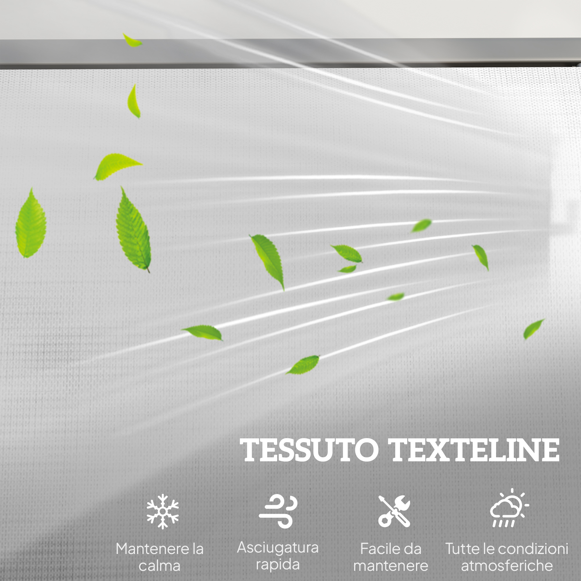 Tessuto Textilene con foglie e icone per freddo, vento, attrezzi e meteo.