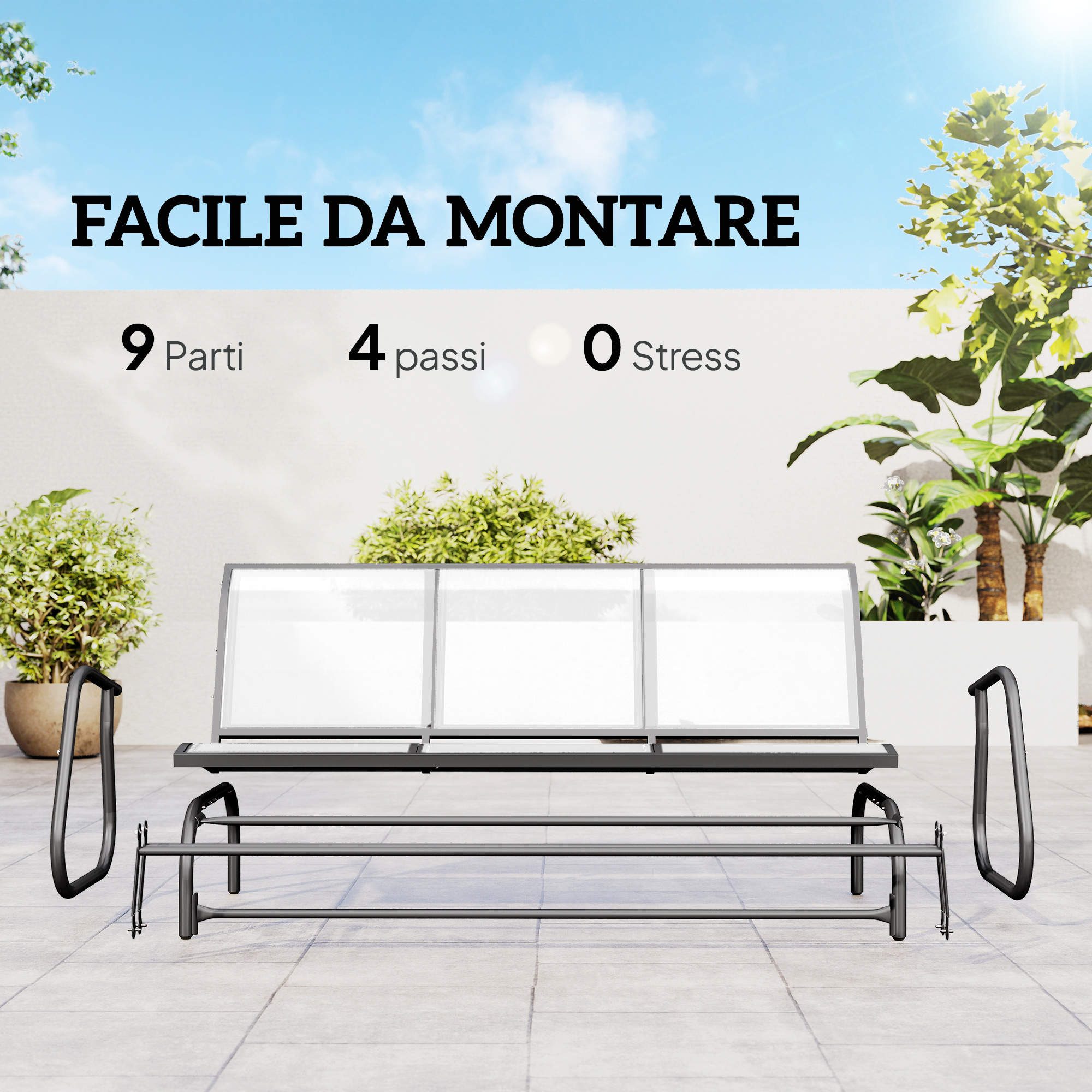 Un sistema di panchina da parco smontato con telaio in metallo e pannelli bianchi.