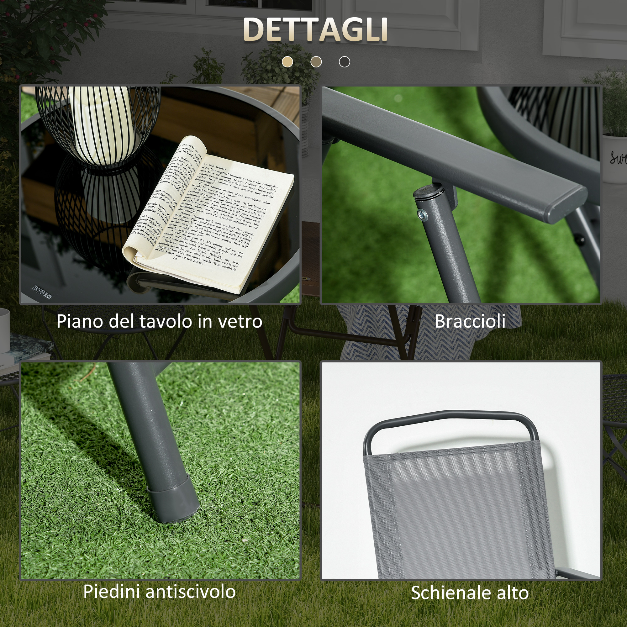 Un estratto di libro appoggiato su un tavolino di vetro. Altri dettagli mostrano braccioli, piedini e schienale.