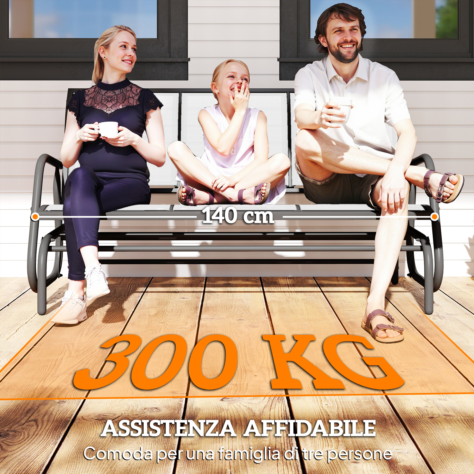 Una famiglia seduta su una panchina. 140 cm, portata 300 kg.