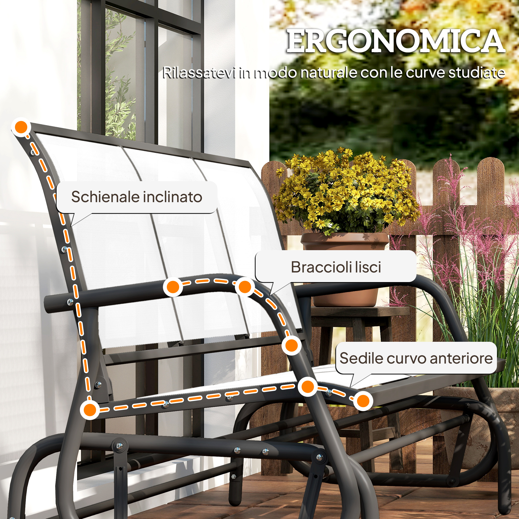 Una sedia a dondolo scura con sedile bianco, su una terrazza di legno.
