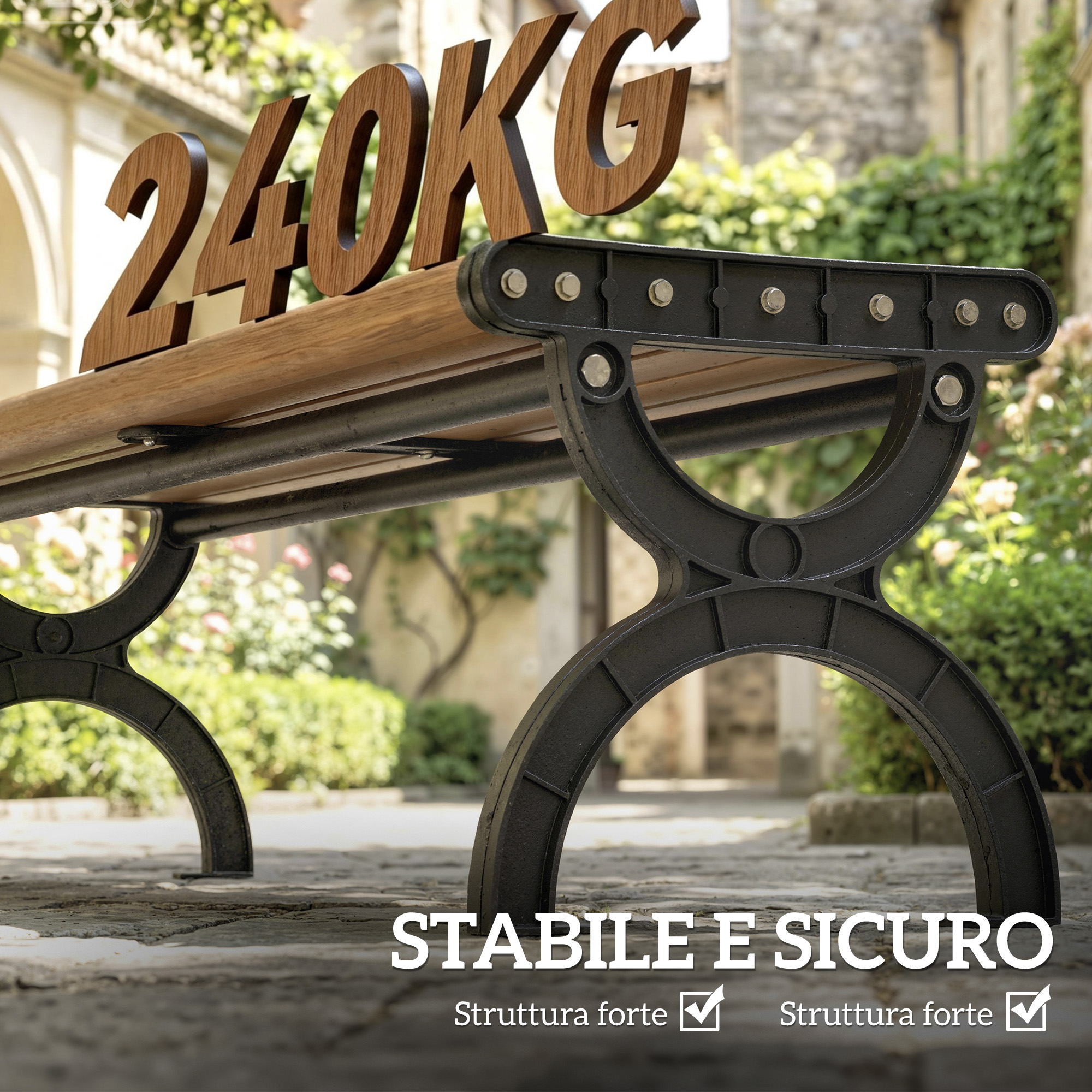Panchina in legno con gambe in metallo nero riportante la scritta "240KG".