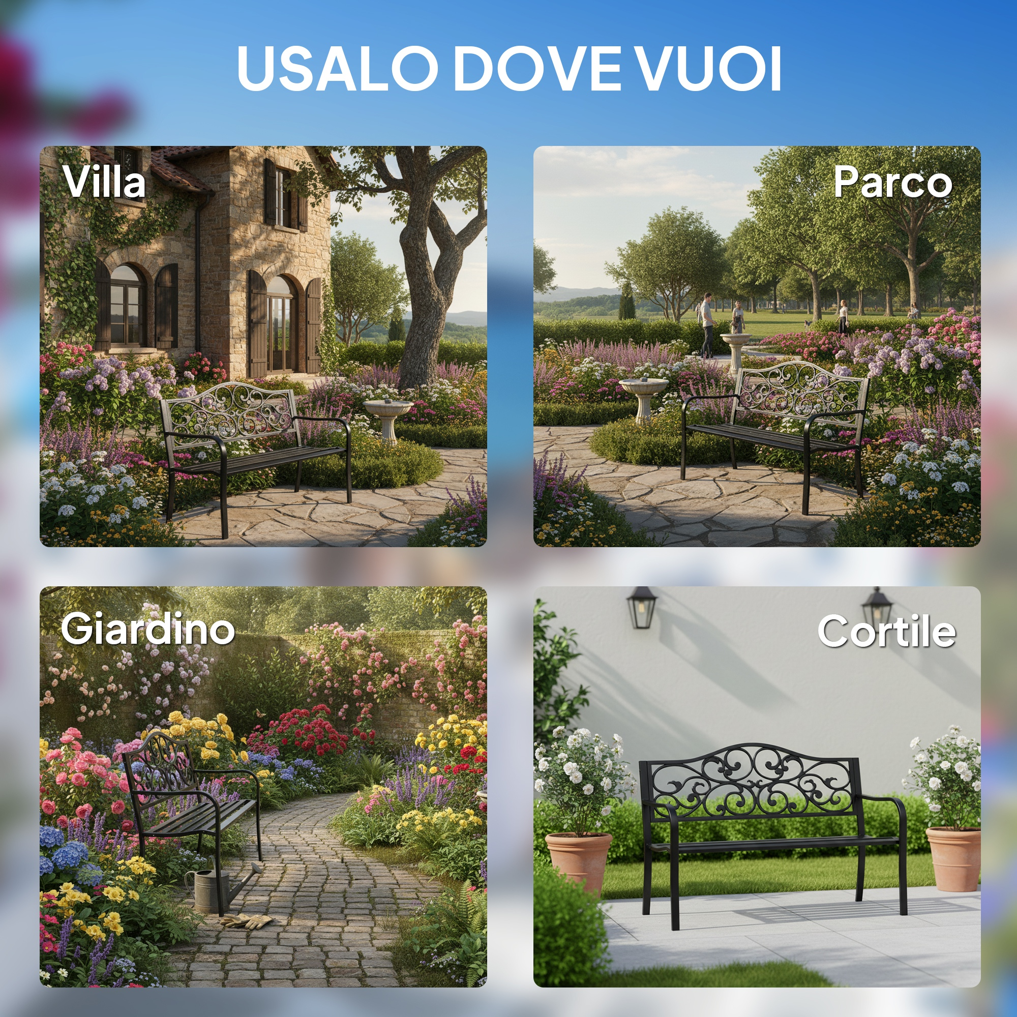 Casa in pietra con panchina da giardino tra fiori e alberi.