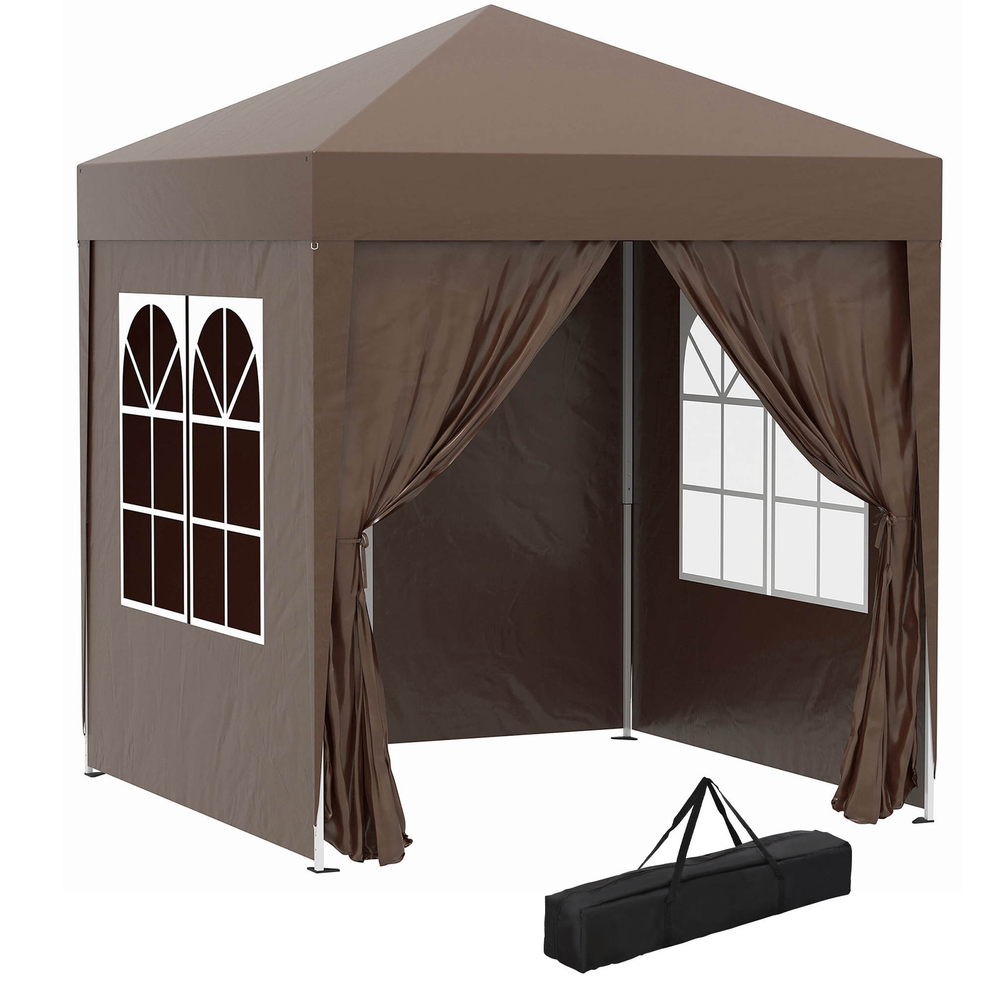Tenda marrone con finestre e borsa per il trasporto.