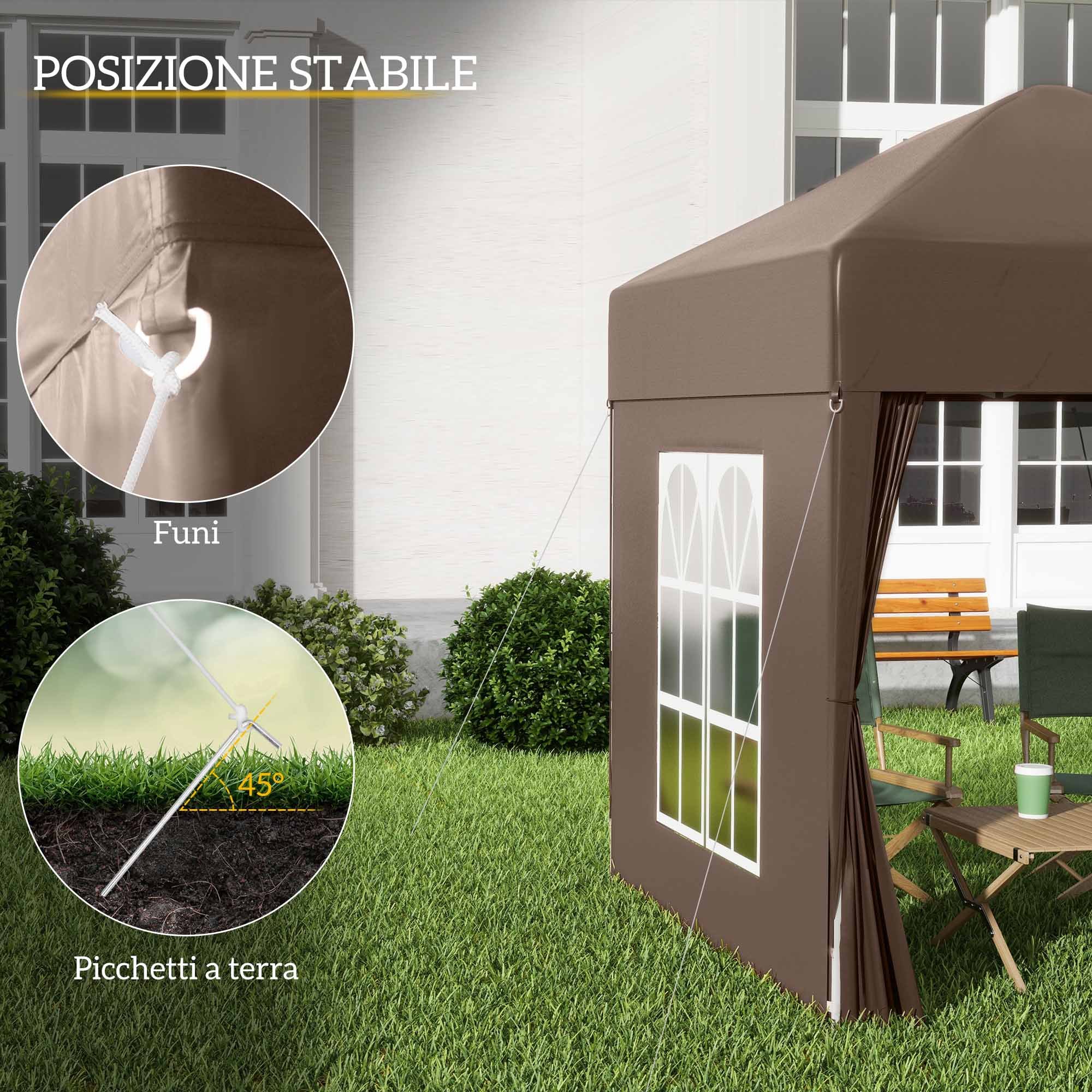 Tenda marrone con finestre su prato verde, con primi piani di corde e picchetti.