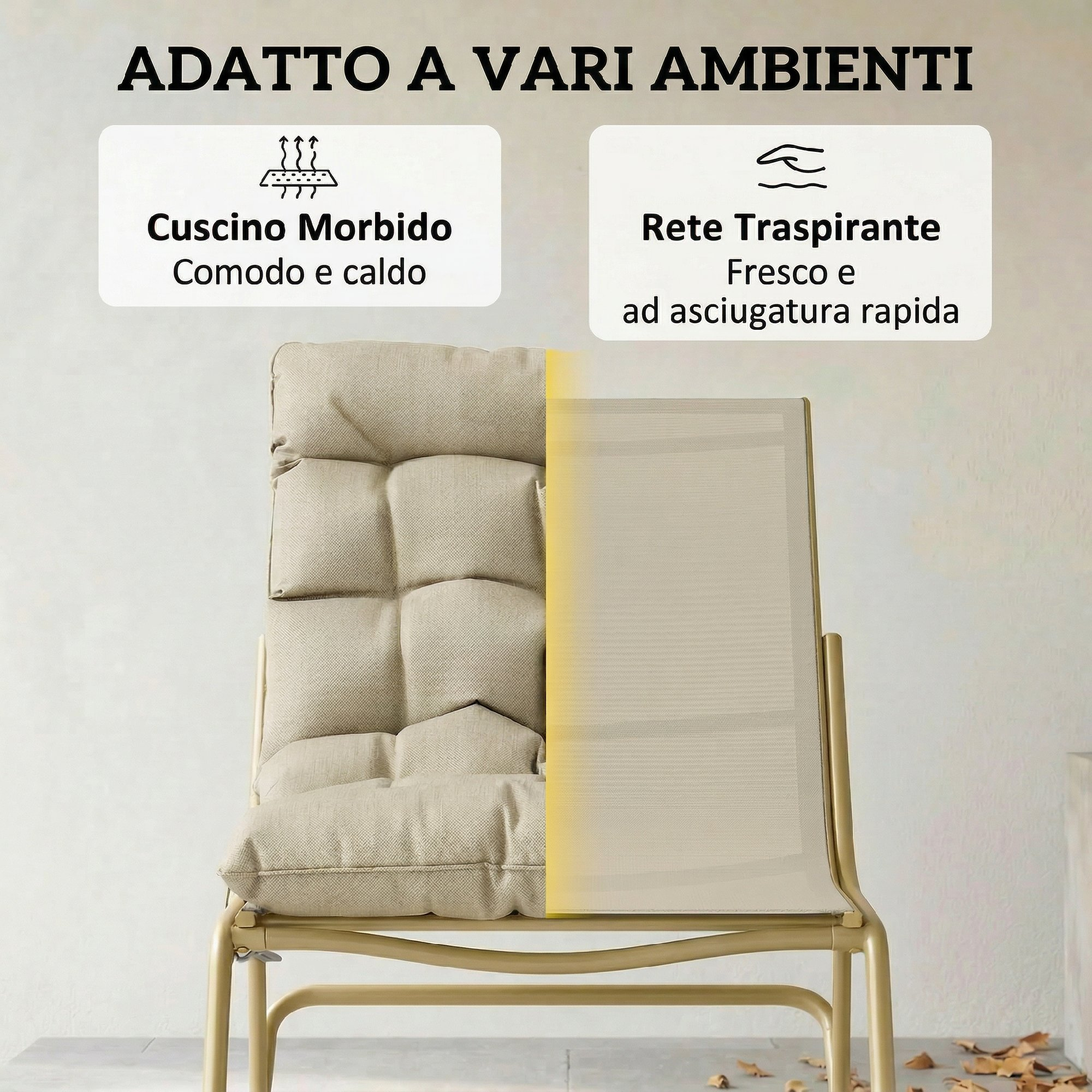 Una sedia con cuscino morbido a sinistra e rete traspirante a destra.