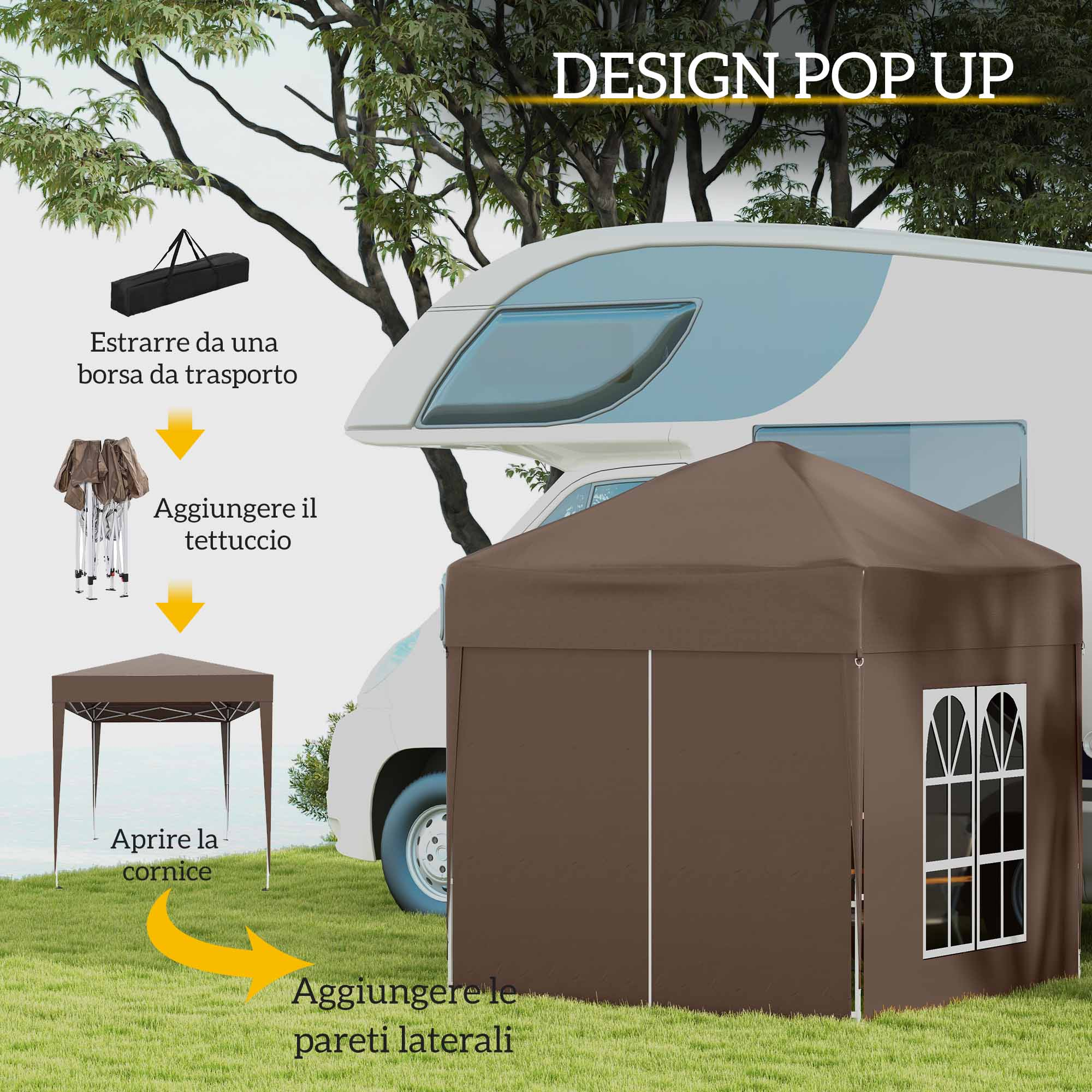 Montaggio tenda pop-up marrone accanto a un camper. Passaggi illustrati.