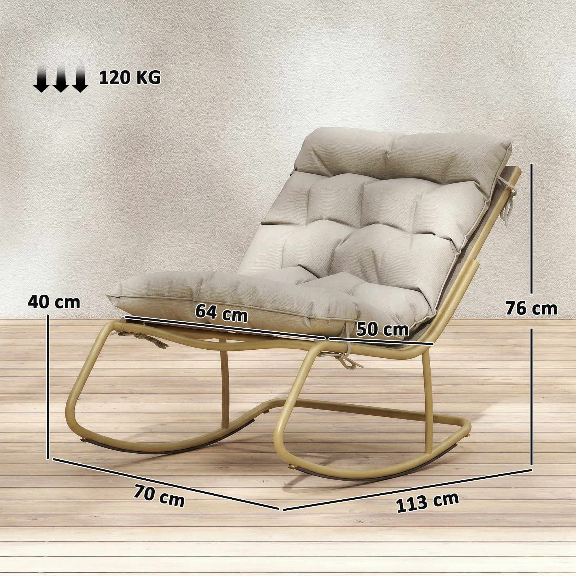 Una poltrona a dondolo beige con cuscini su pavimento in legno, dimensioni indicate.