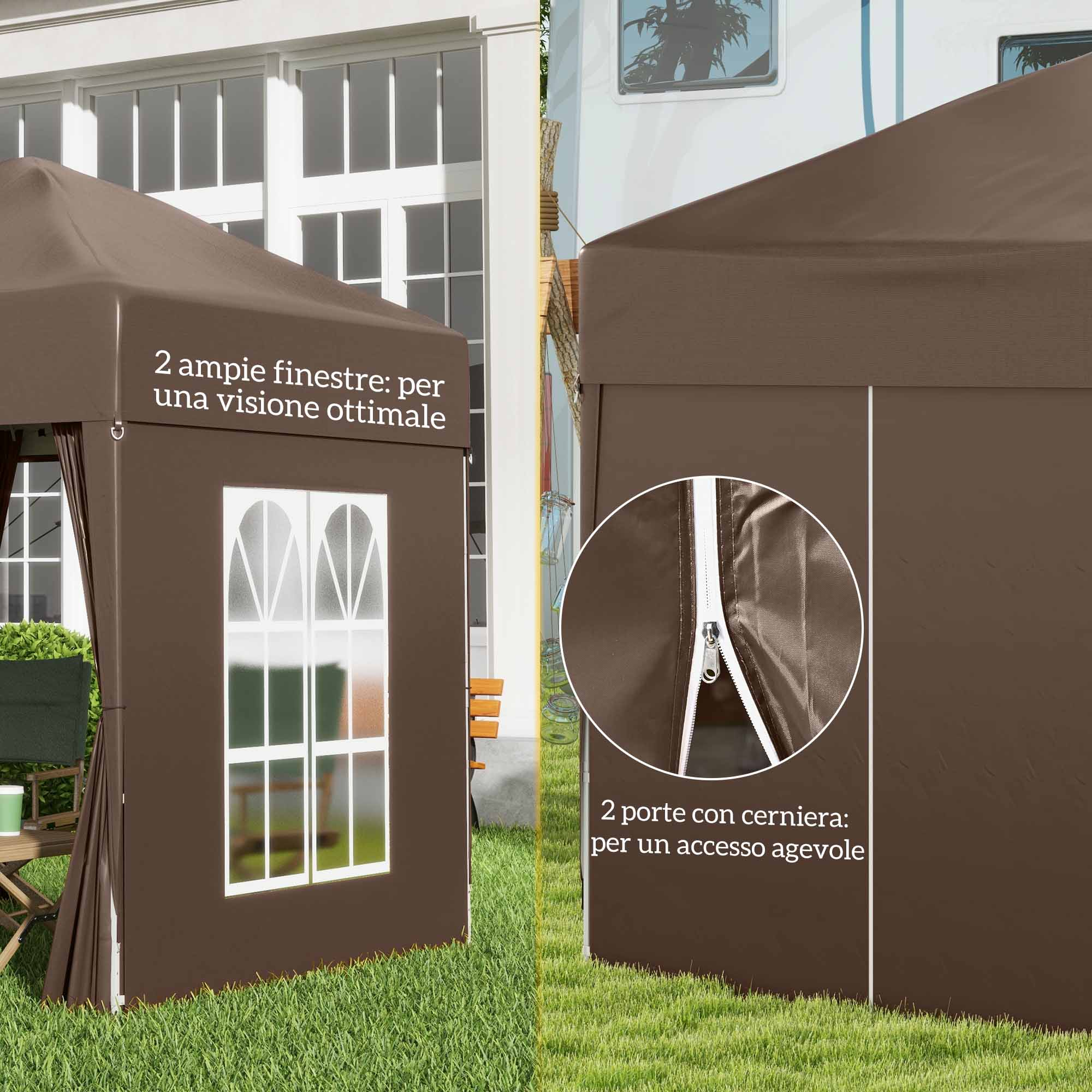 Tenda marrone con finestre e porta con cerniera, sull'erba.