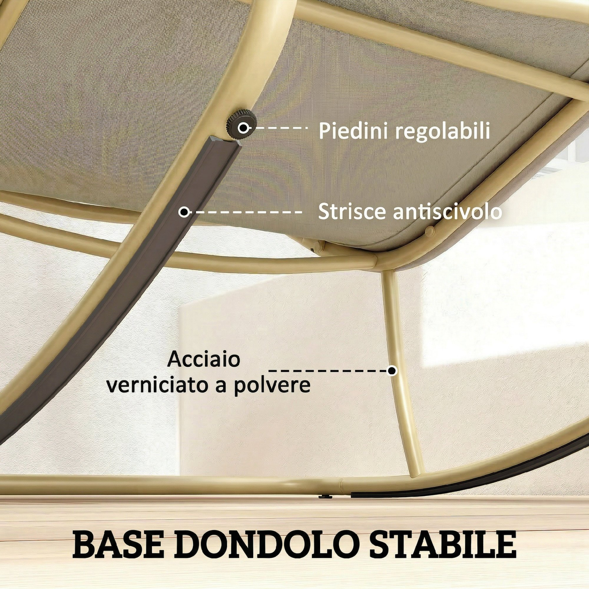 Sottopiede di una sedia a dondolo con piedini regolabili, strisce antiscivolo e telaio in acciaio verniciato a polvere.