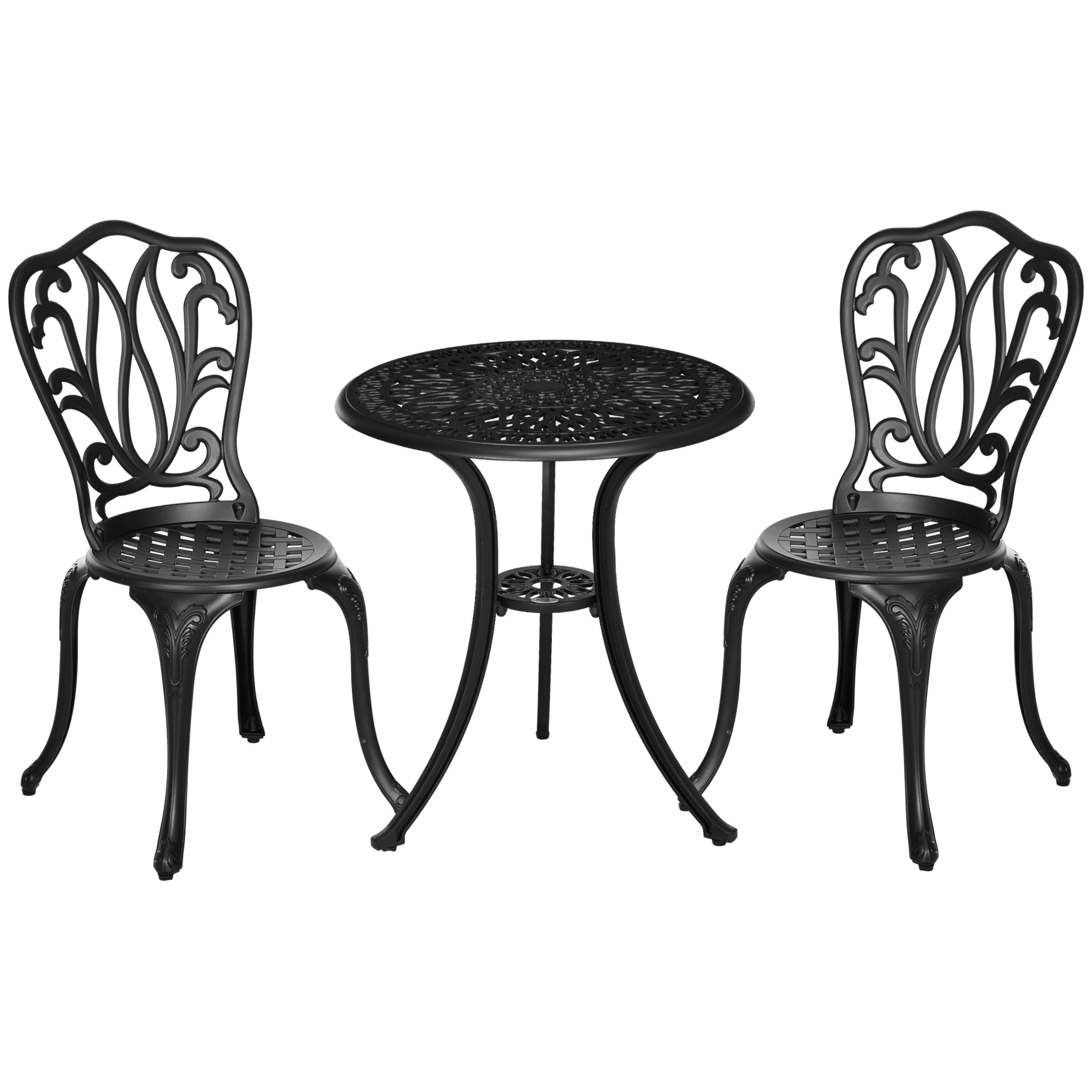Un set da tavolo da giardino in metallo nero con due sedie e un tavolo rotondo.