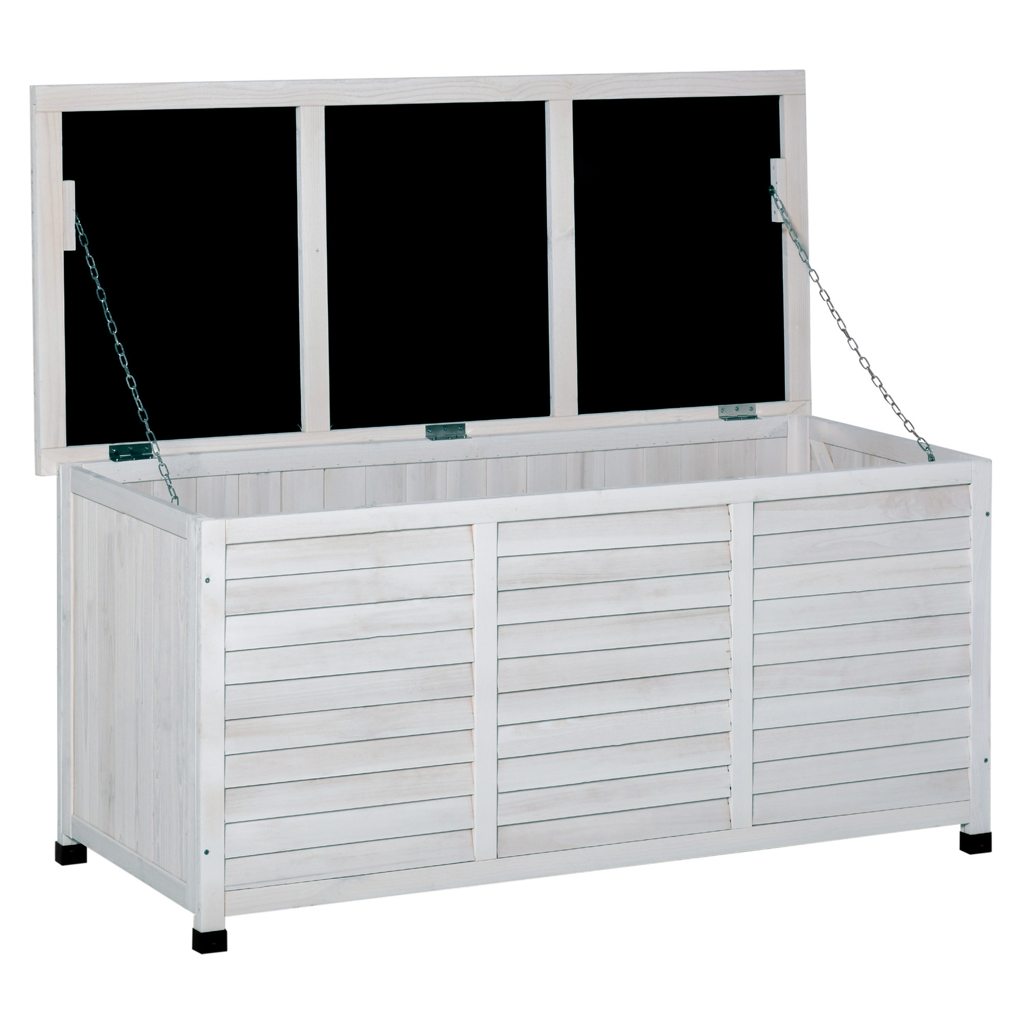 Un baule in legno bianco con il coperchio aperto, tenuto da catene.