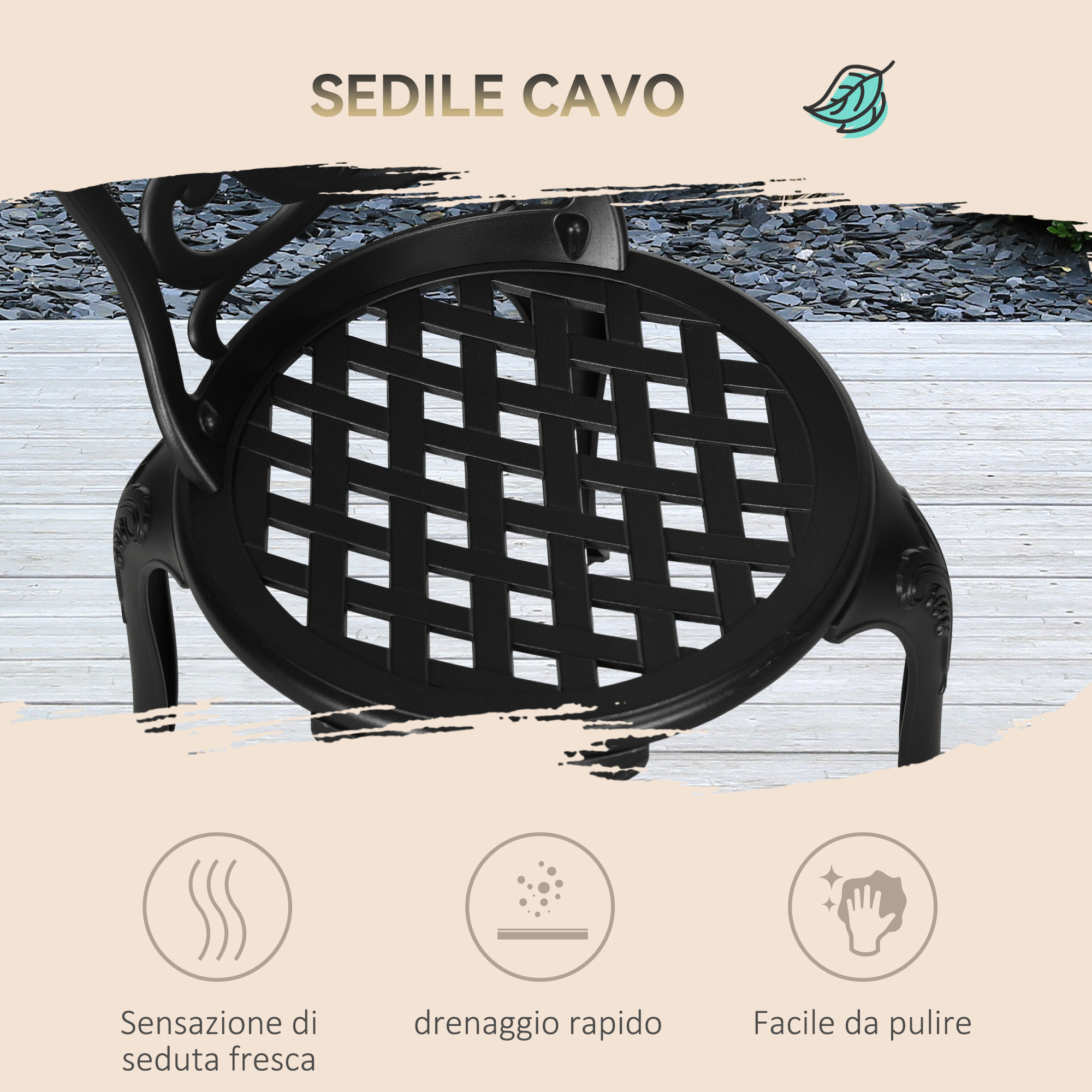 Sedia nera a grata con dettagli ornati su assi di legno e ghiaia.