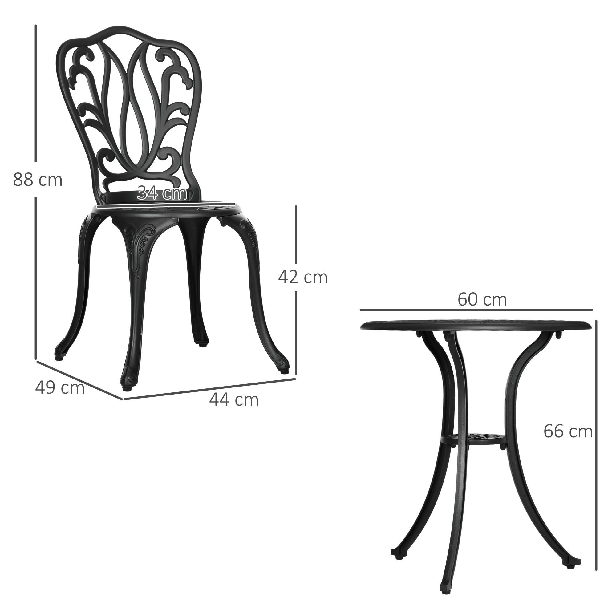 Sedia e tavolo neri con dimensioni. Altezza sedia 88cm, larghezza seduta 34cm. Diametro tavolo 60cm.
