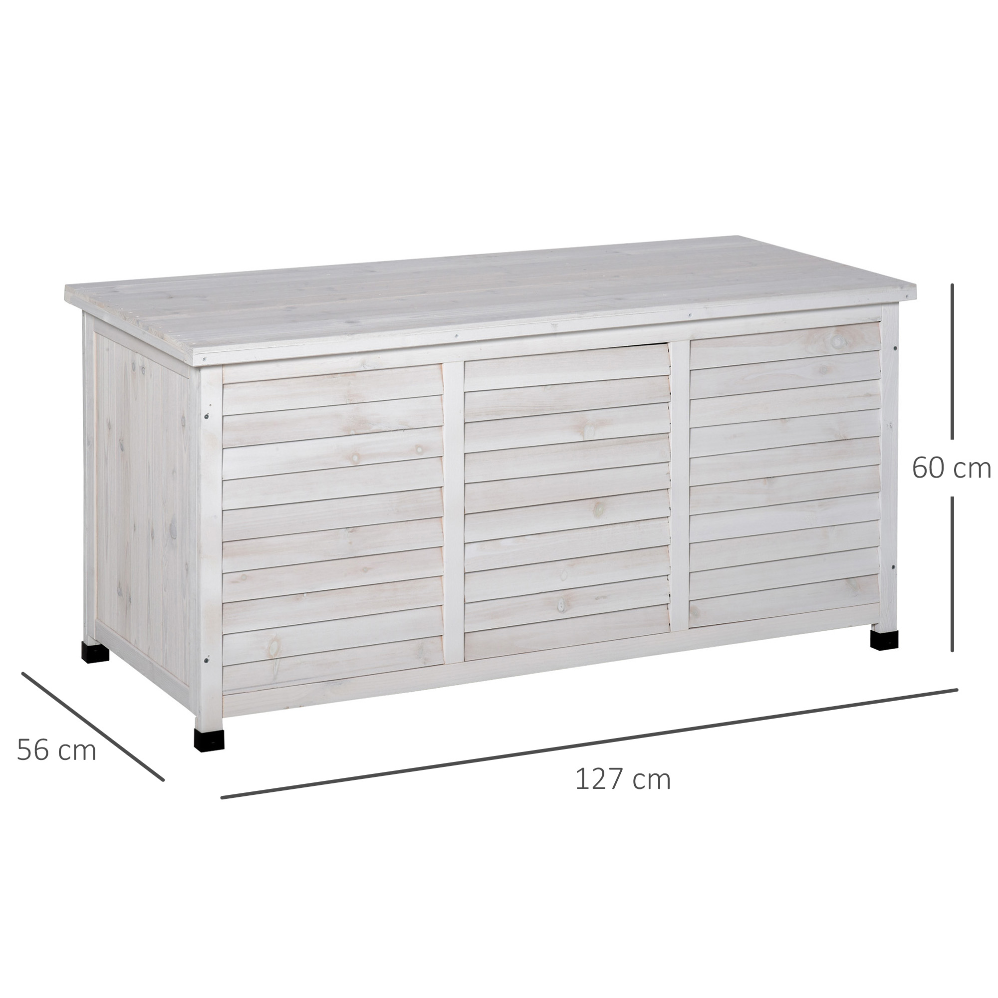 Un baule contenitore in legno bianco con ante a lamelle. Dimensioni: 127x56x60 cm.