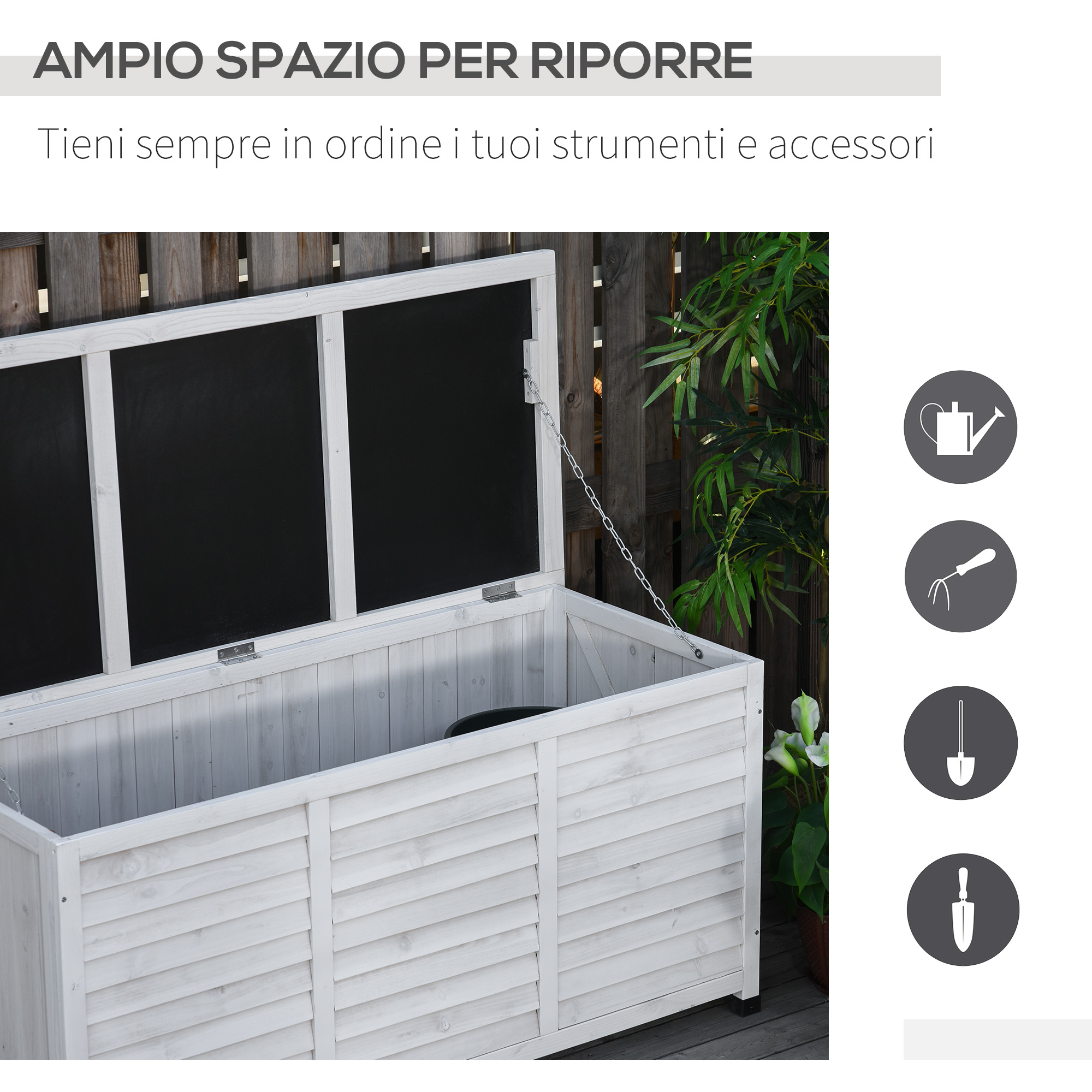 Una cassapanca in legno bianca con coperchio aperto è all'aperto vicino a piante.